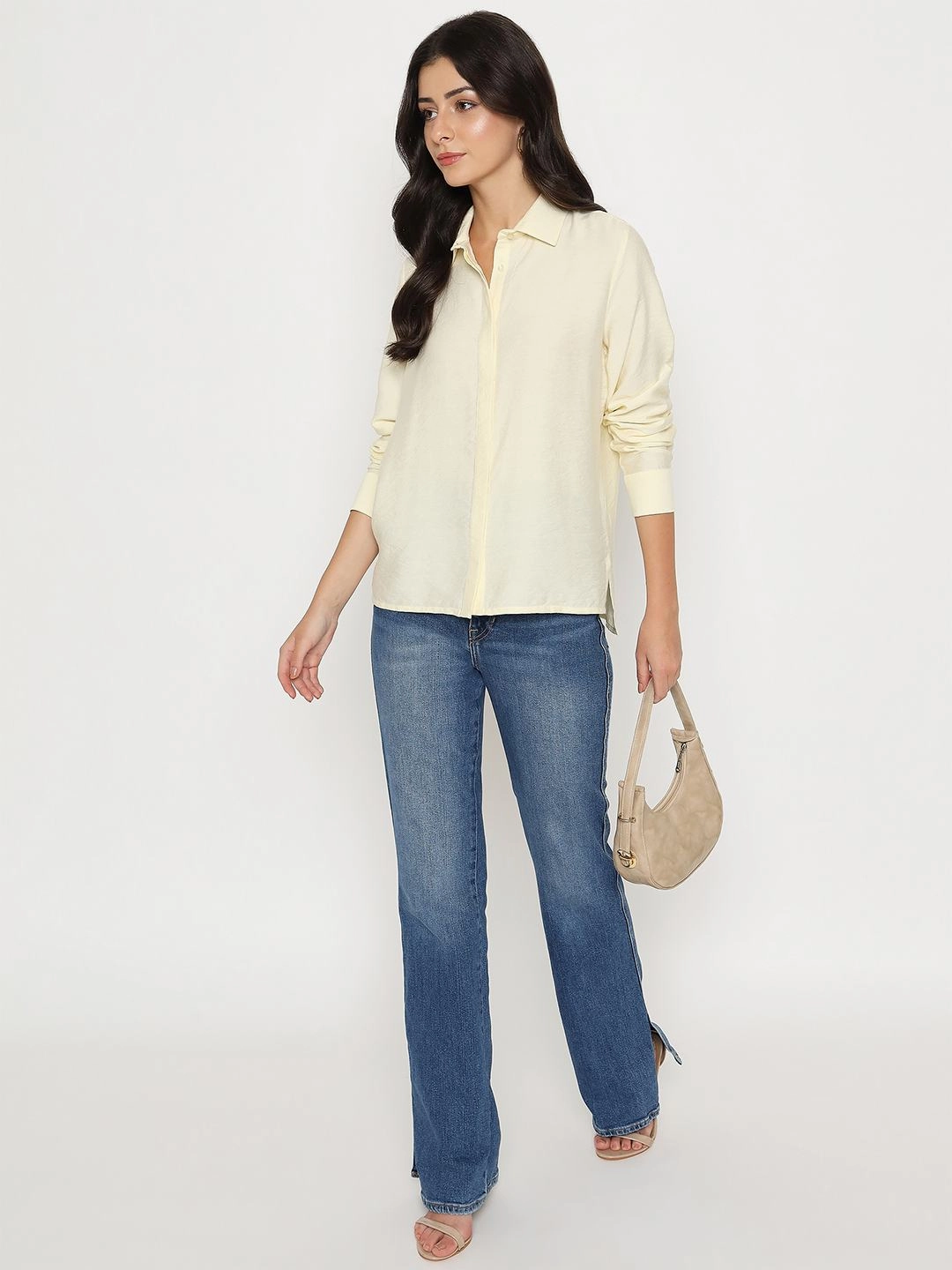 Static Dissipating Fiber Chic Look Madame Textured Solid Cream Rayon Blend Shirt