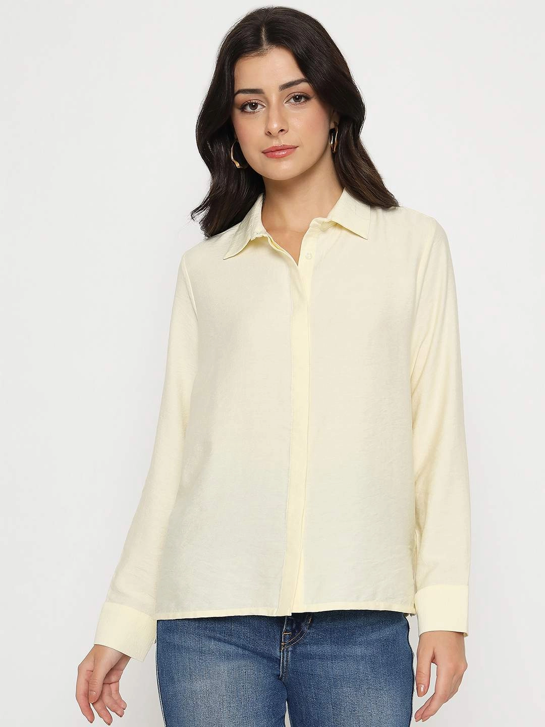 Beach Ready Exclusive Collection Madame Textured Solid Cream Rayon Blend Shirt