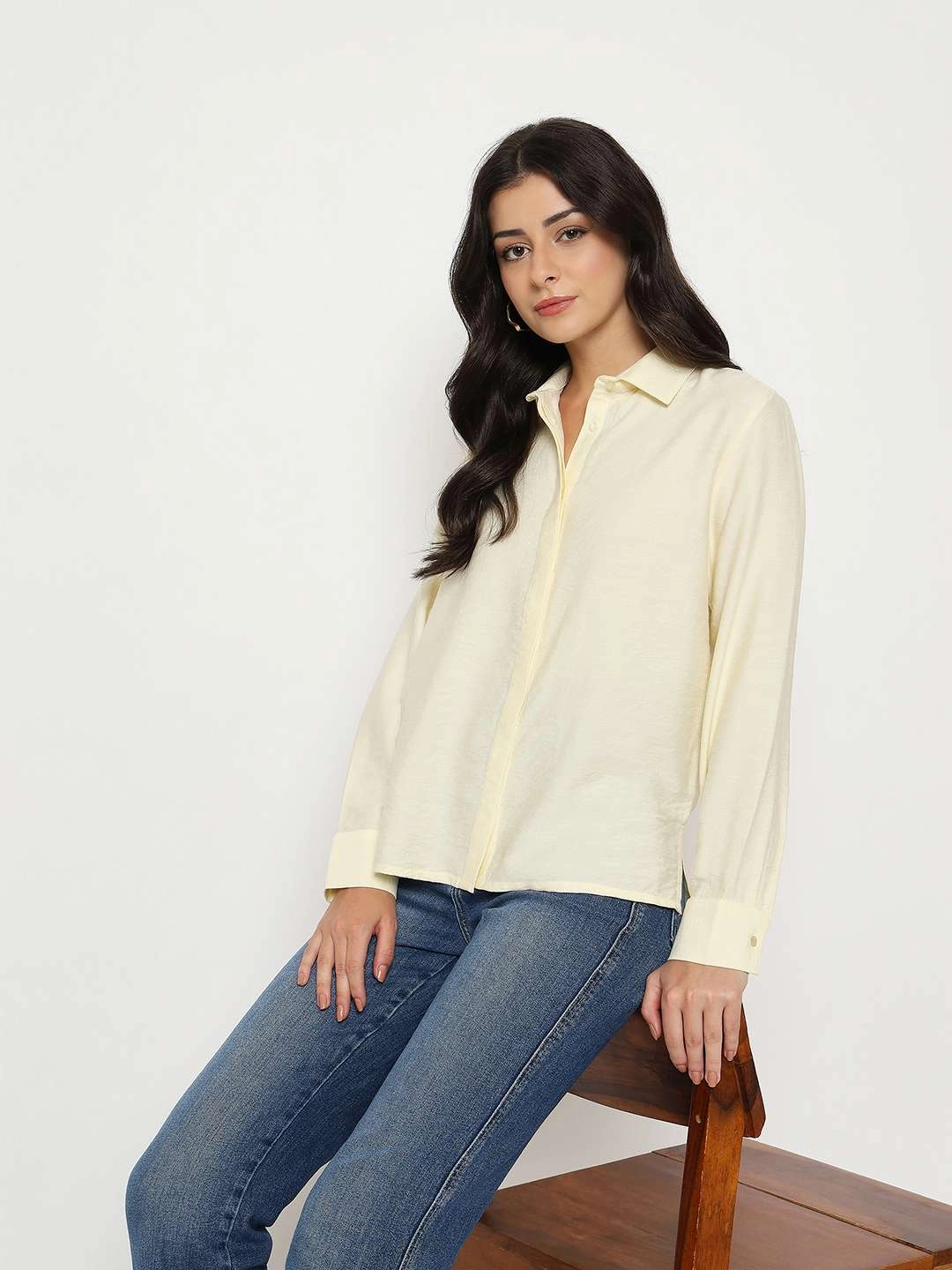 Travel Essential Street Style Madame Textured Solid Cream Rayon Blend Shirt