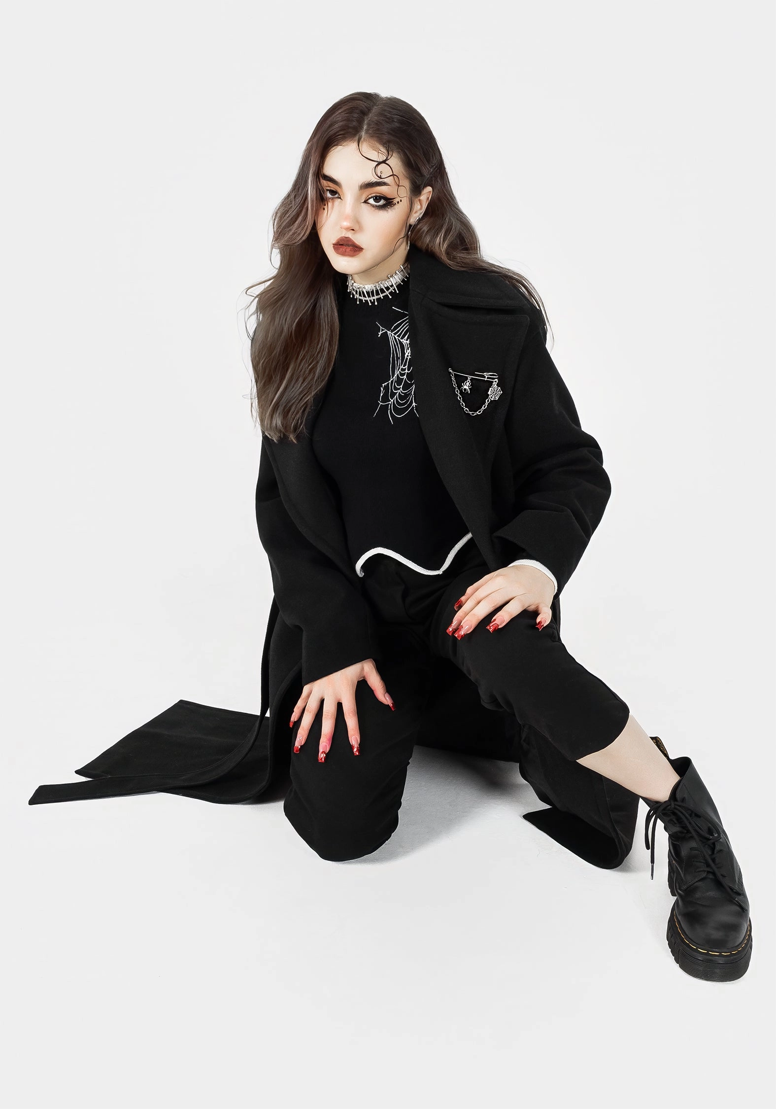 Meltdown Oversized Coat with Brooch - Black Weather Proof