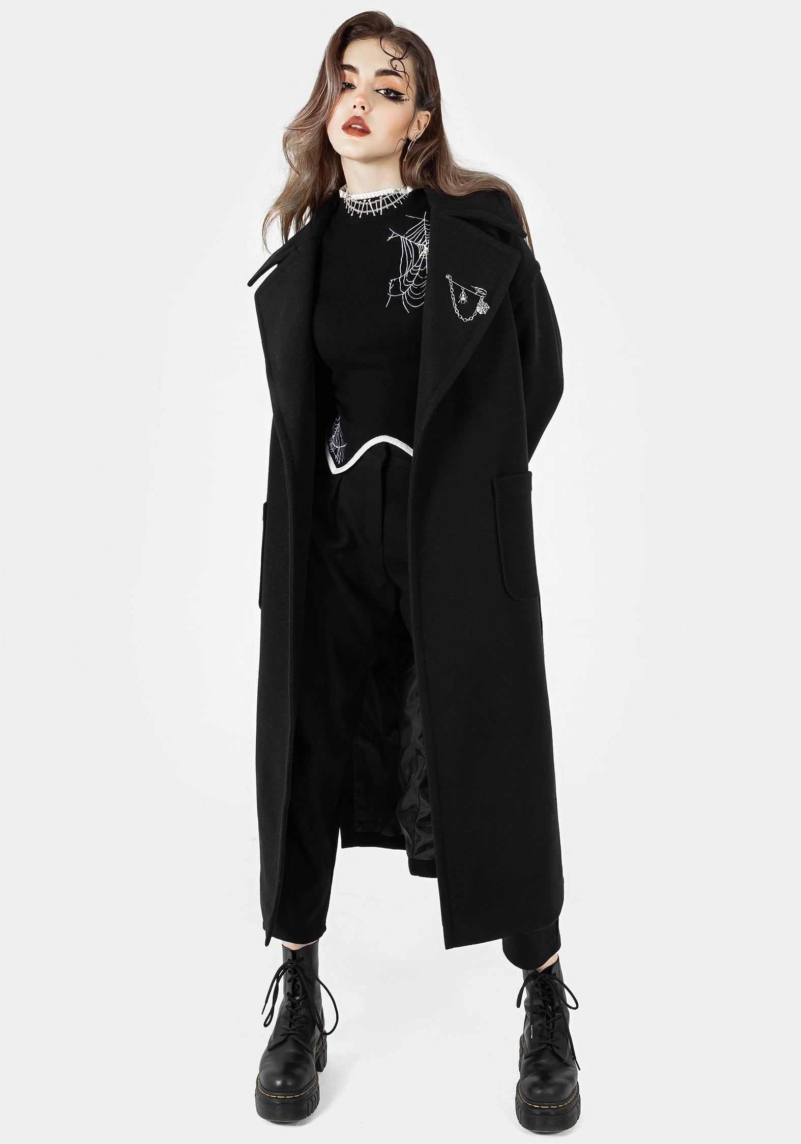 Eco Friendly Construction Cool Season Meltdown Oversized Coat with Brooch - Black