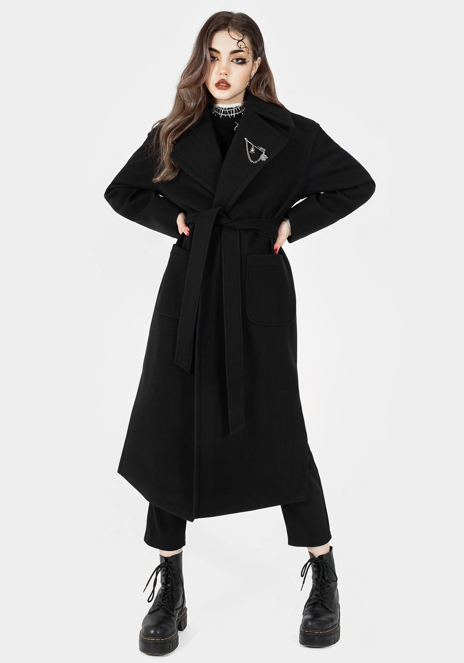 Everyday Urban Style Meltdown Oversized Coat with Brooch - Black