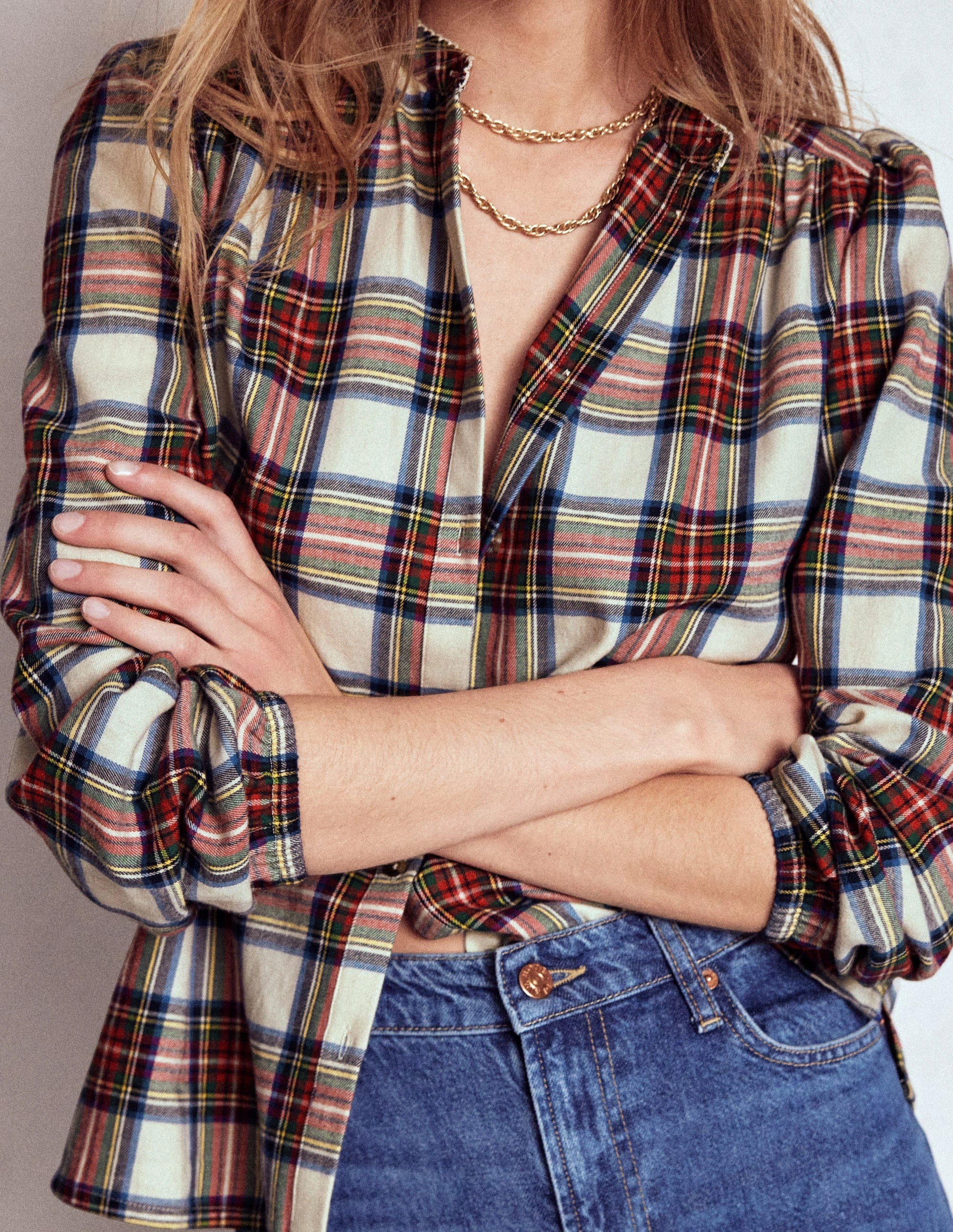 Layla Brushed Cotton Top-Ivory, Blue and Red Check Tagless Neckline Design Hidden Storage Pocket