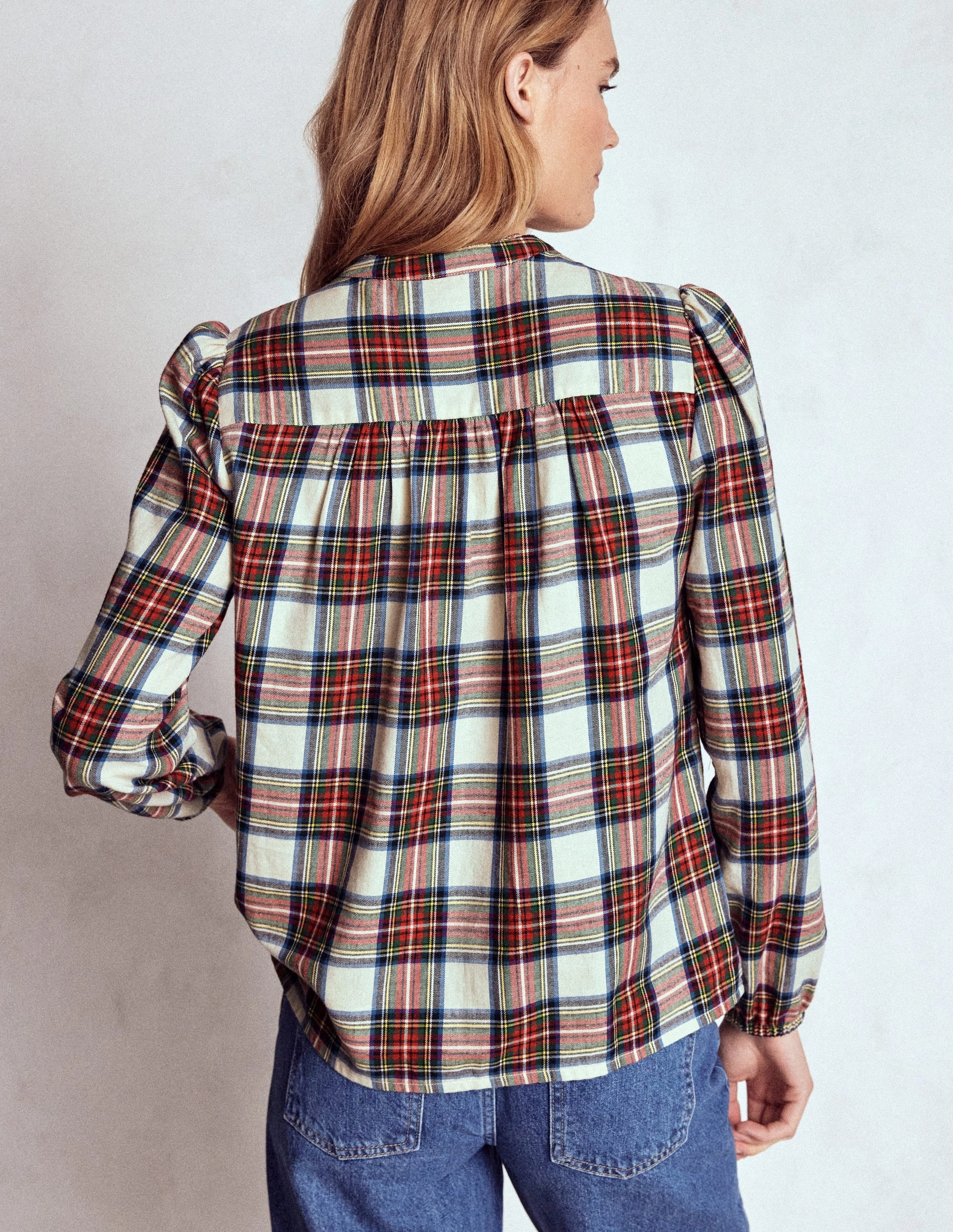 BondedShoulder Wrinkle Resistant Layla Brushed Cotton Top-Ivory, Blue and Red Check