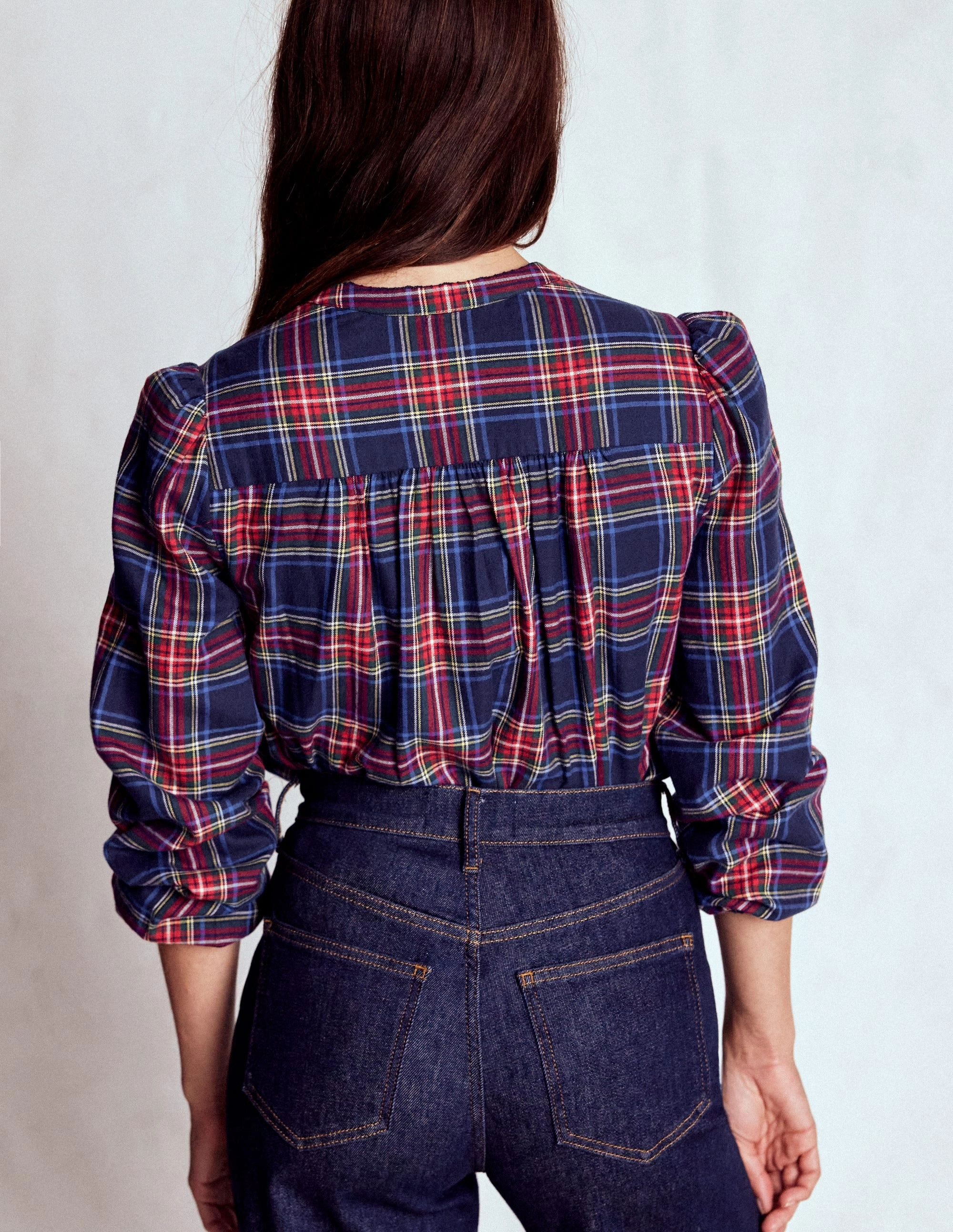 Layla Brushed Cotton Top-Navy and Red Check V-neck Blouse