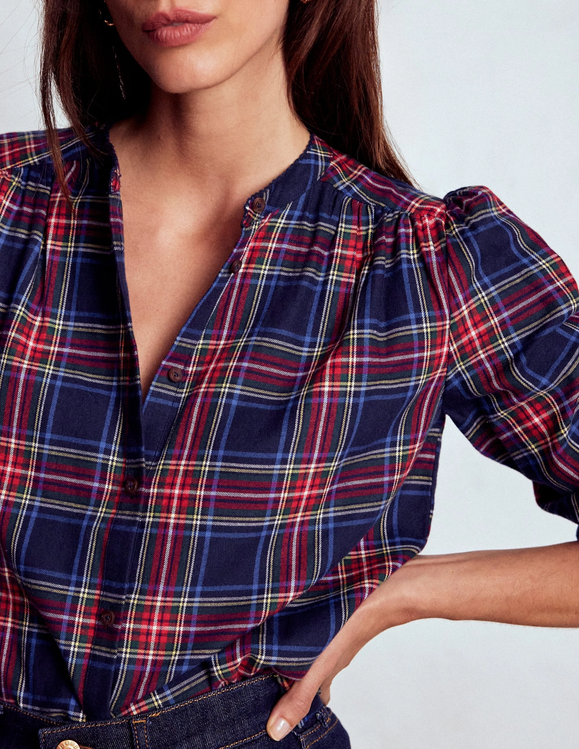 V Neck Design NonPill Surface Treatment Layla Brushed Cotton Top-Navy and Red Check