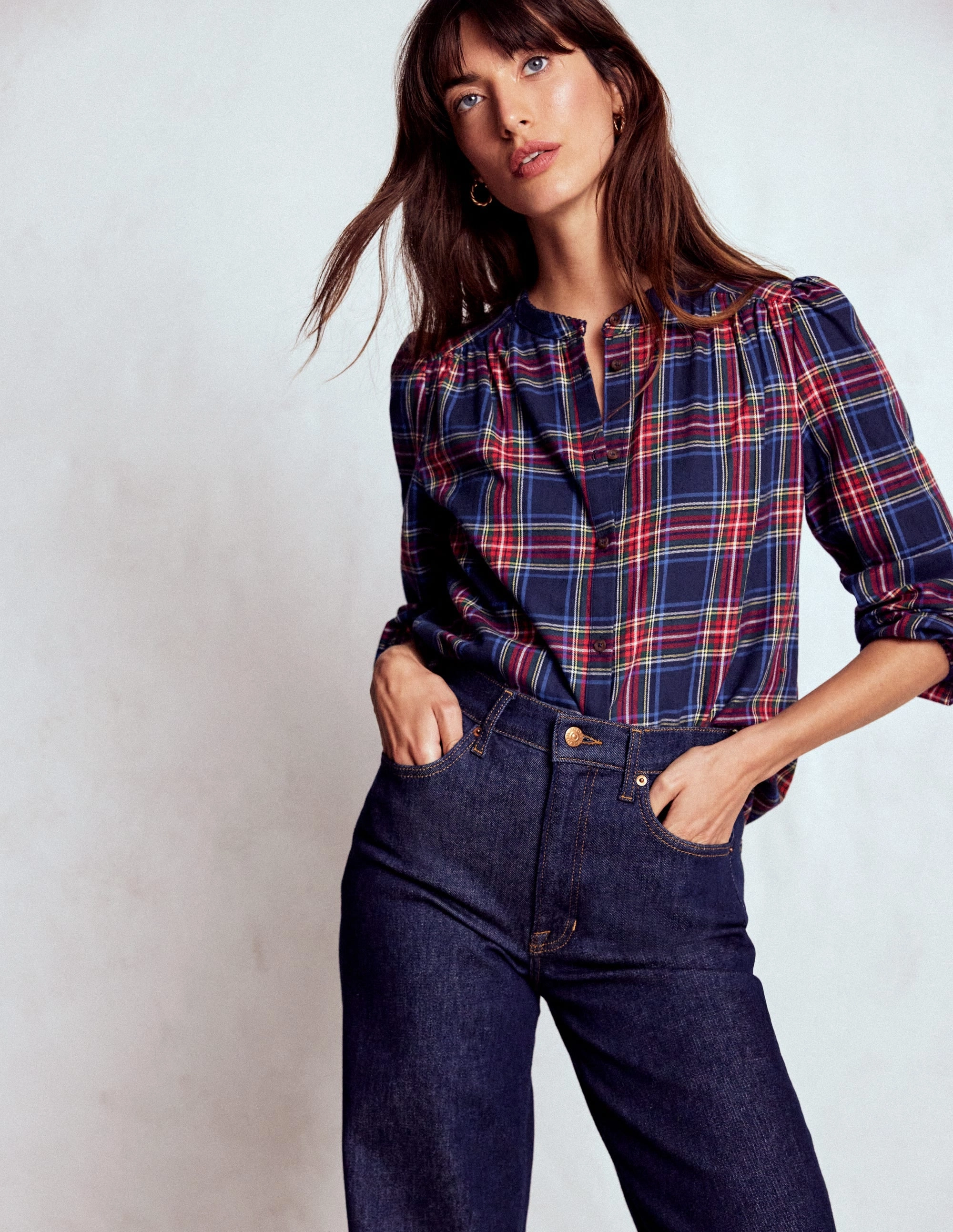Layla Brushed Cotton Top-Navy and Red Check Classic Cut Mesh Lining