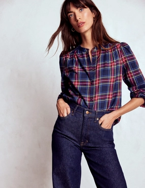 Layla Brushed Cotton Top-Navy and Red Check Classic Cut Mesh Lining