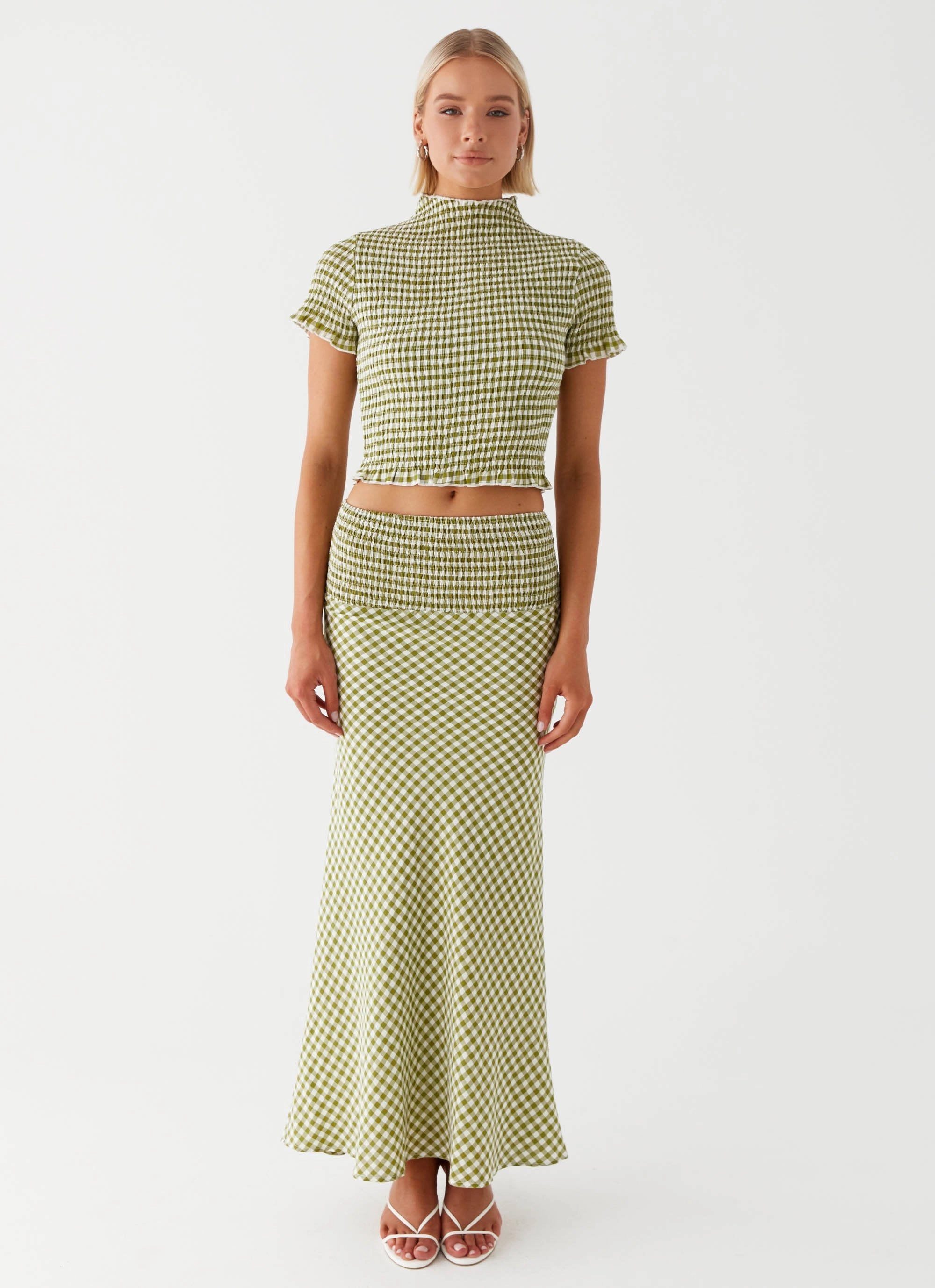 Leilani Maxi Skirt - Khaki Gingham Tapered Cut Lightweight Fabric