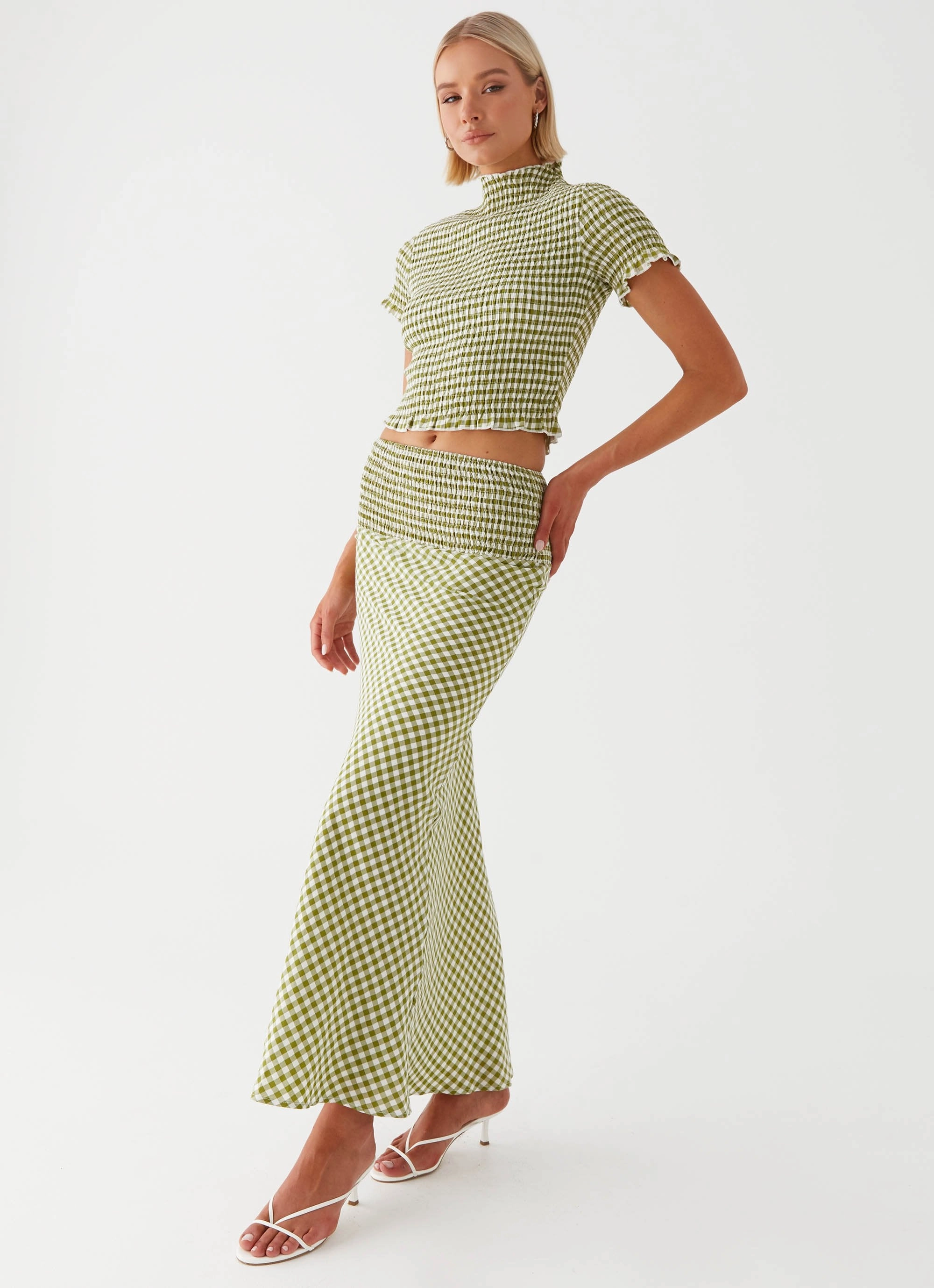 ribbed texture Dance Practice Leilani Maxi Skirt - Khaki Gingham