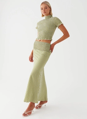 ribbed texture Dance Practice Leilani Maxi Skirt - Khaki Gingham