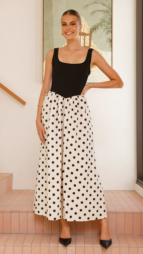 Romantic-Style Premium Fabric Leoni Maxi Dress - Oat/Black Polka