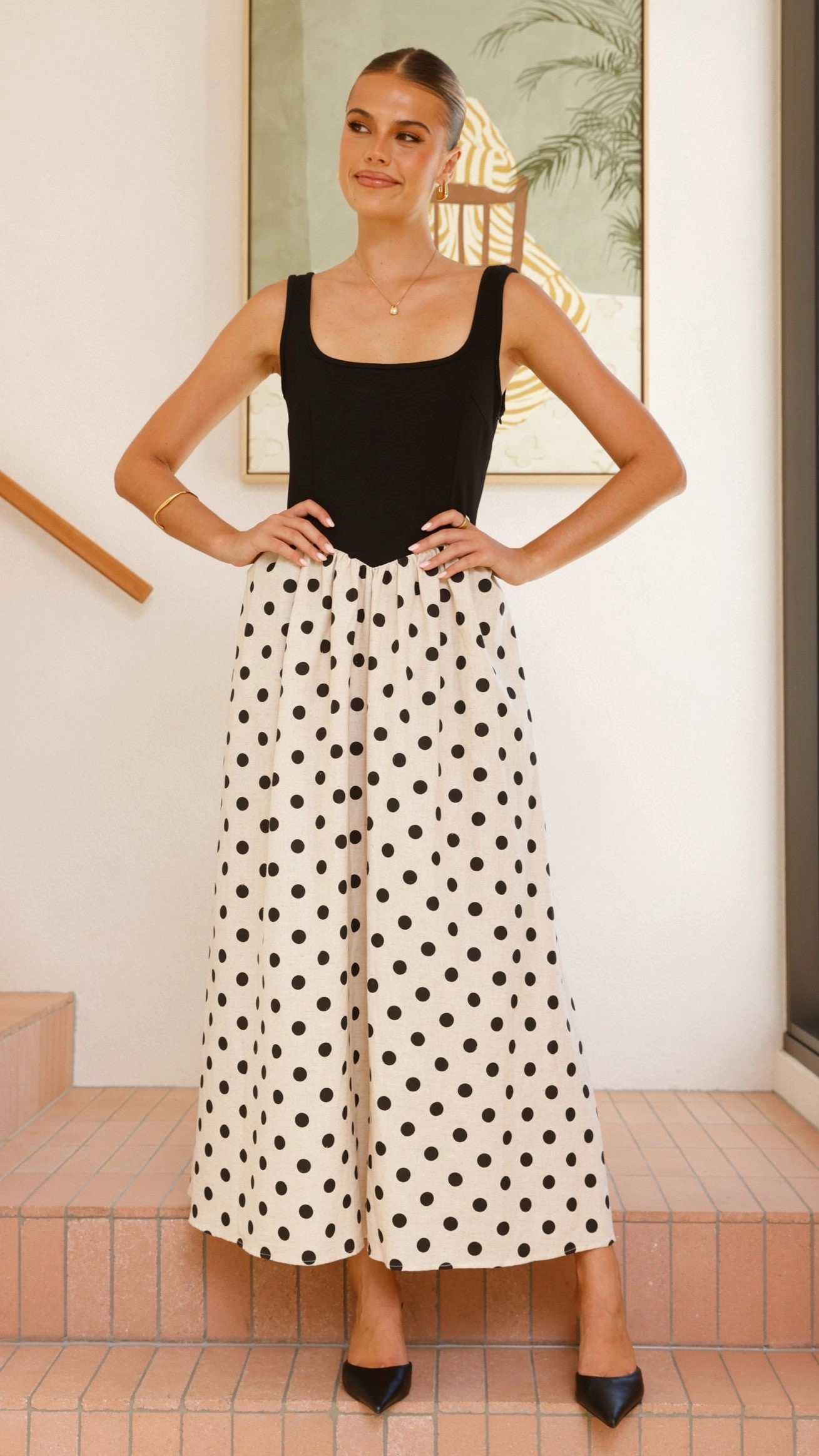 Elegant Wearable Leoni Maxi Dress - Oat/Black Polka