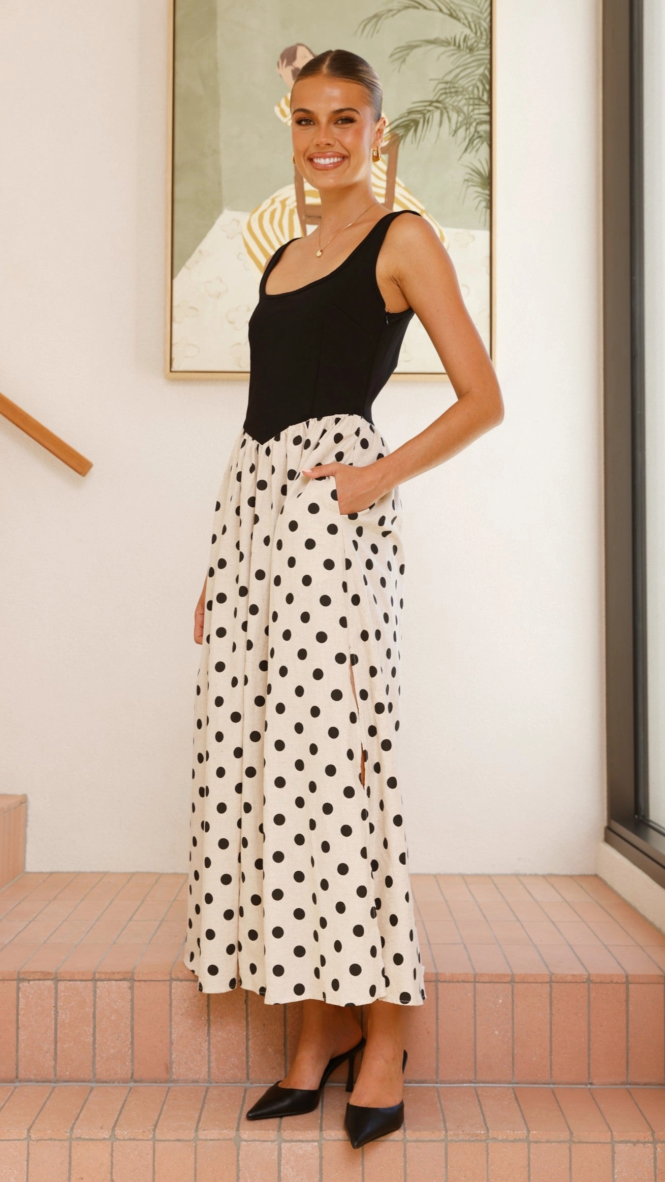 Leoni Maxi Dress - Oat/Black Polka Easy Texture