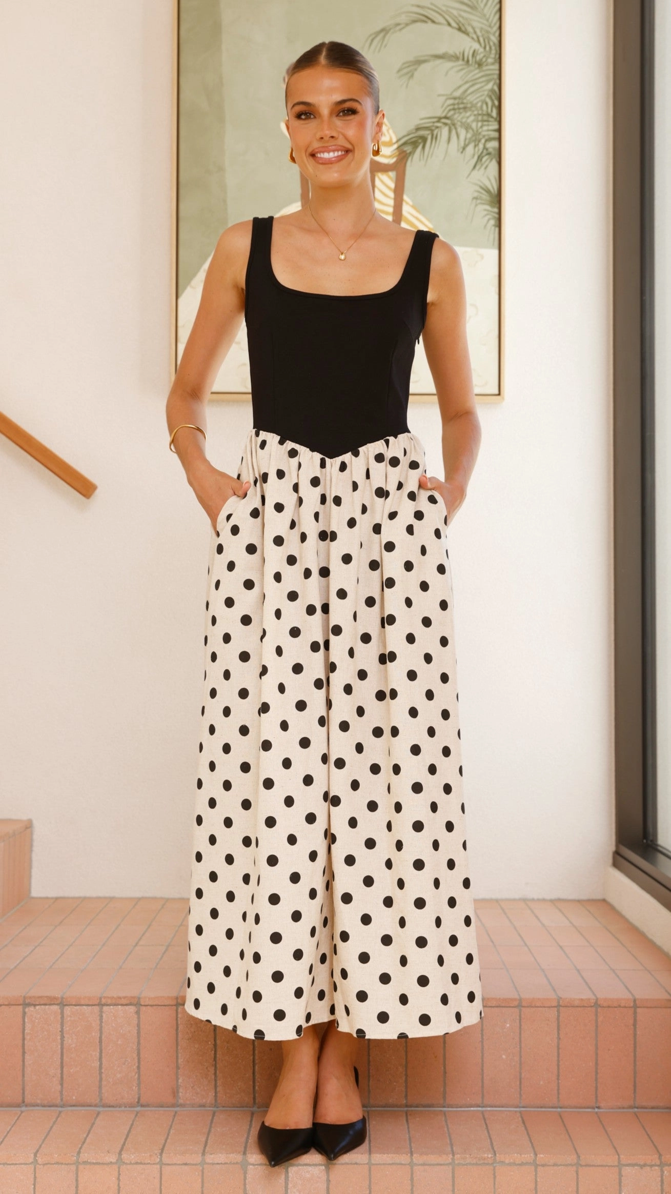 Radiant Mood Halter neck Leoni Maxi Dress - Oat/Black Polka