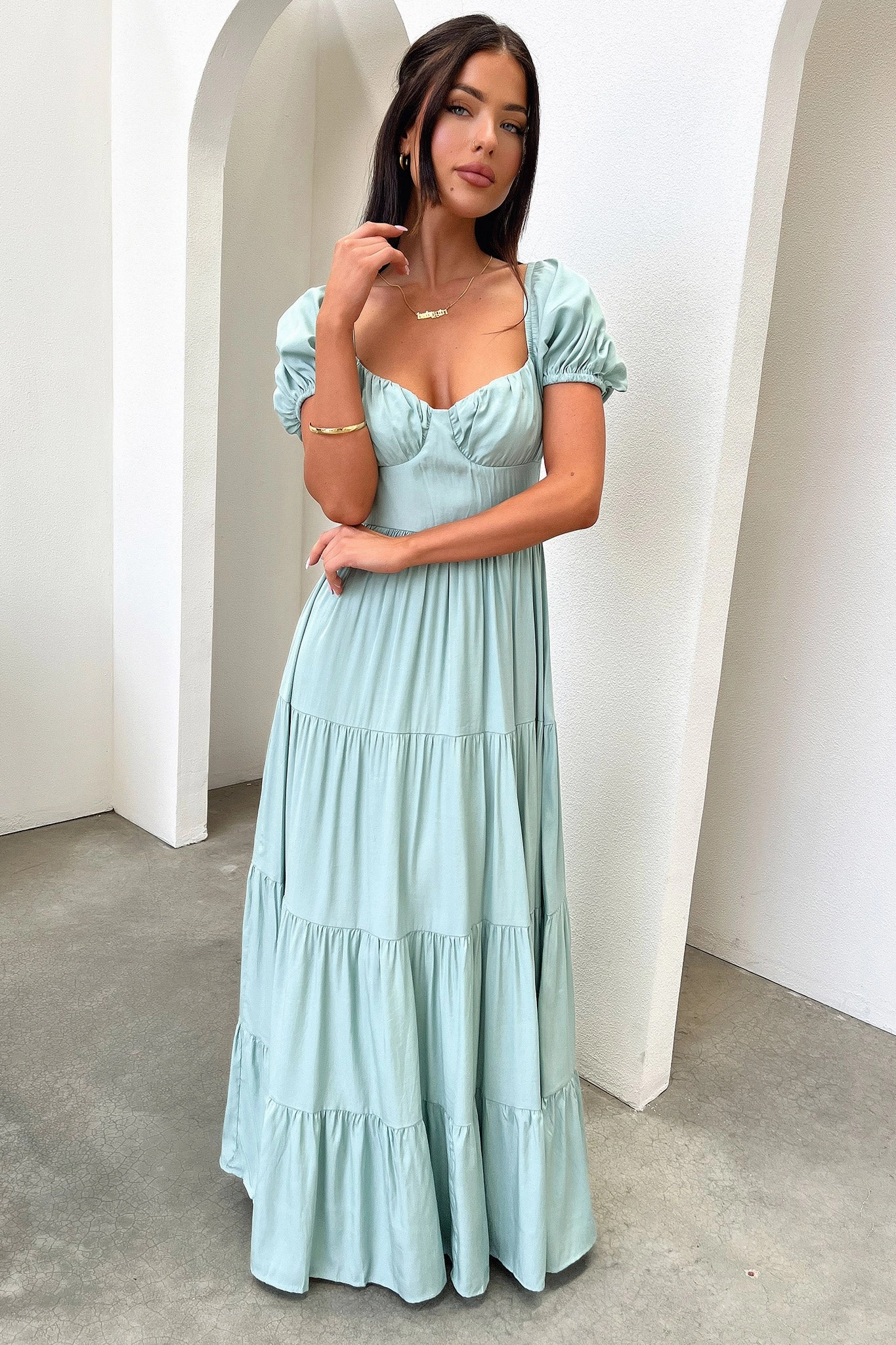 Tulle-Overlay Levona Maxi Dress - Sage
