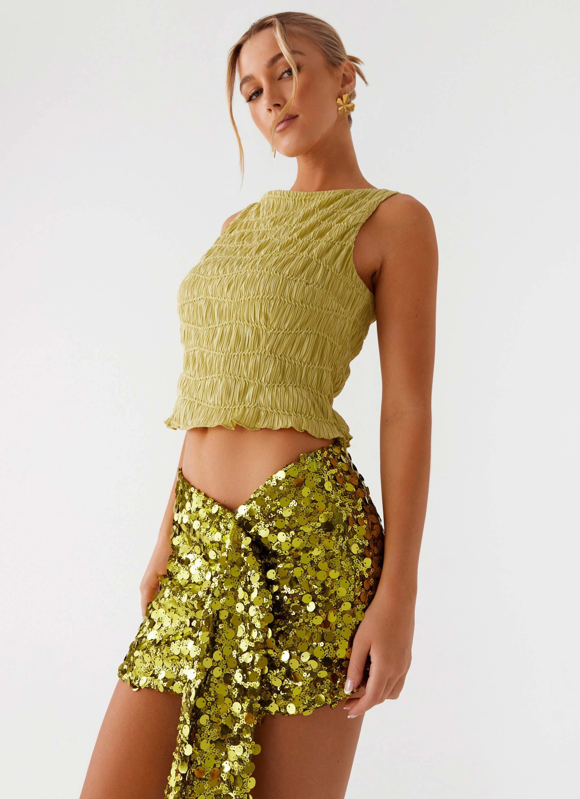Lightweight Material Beach Day Lights On Sequin Mini Skirt - Olive