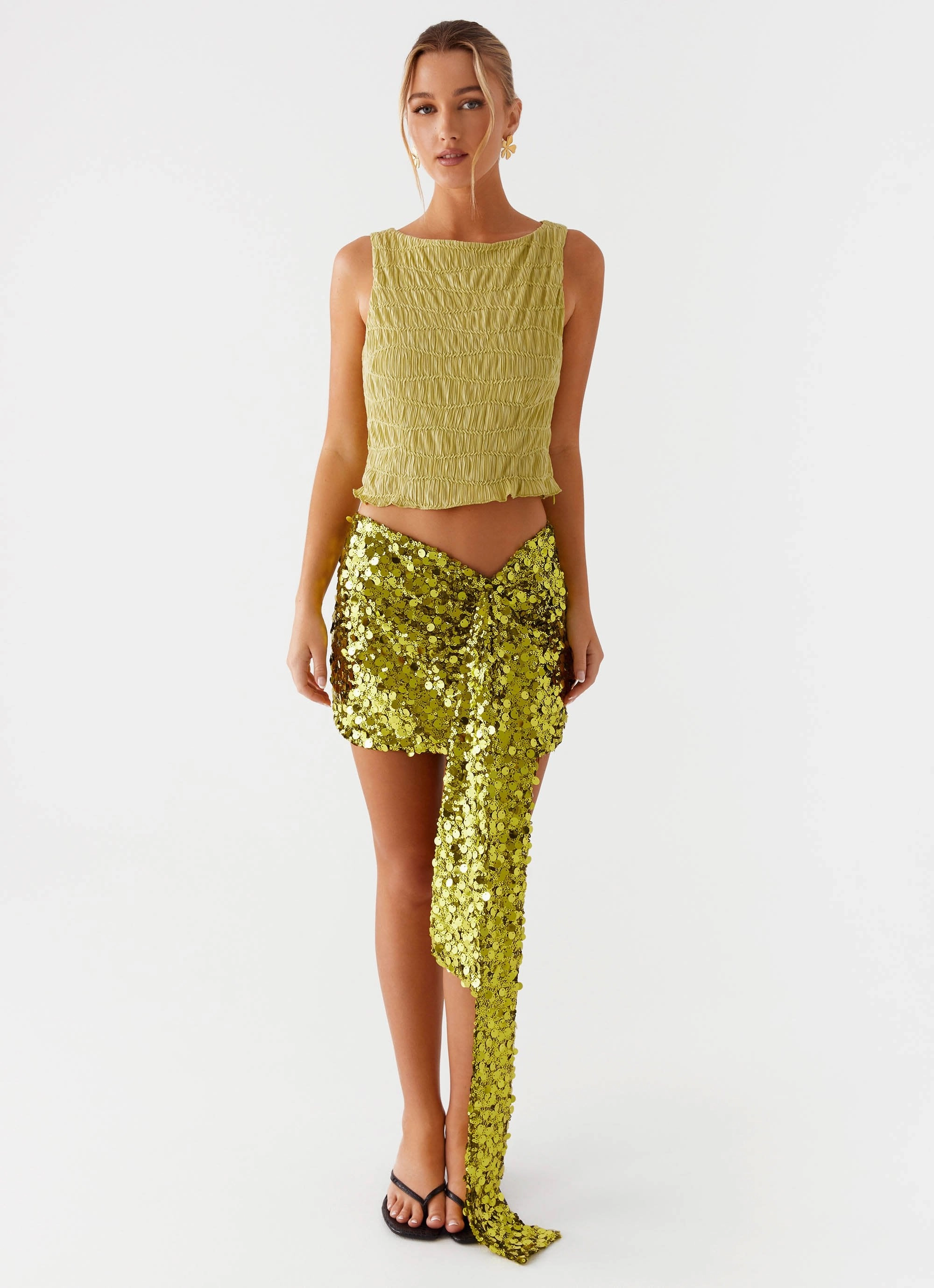 Lights On Sequin Mini Skirt - Olive ruffle trim