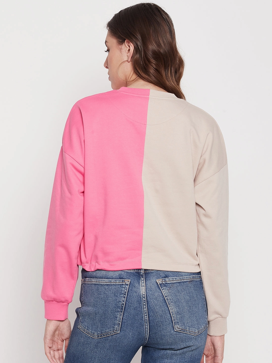 Fleece Lining Cold Layer Madame Fuchsia Pink Color Block Sweatshirt