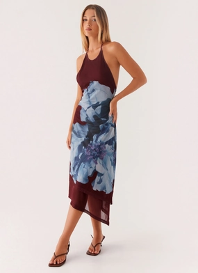 Brinley Halterneck Midi Dress - Maroon Print Red-Carpet Elegant Style