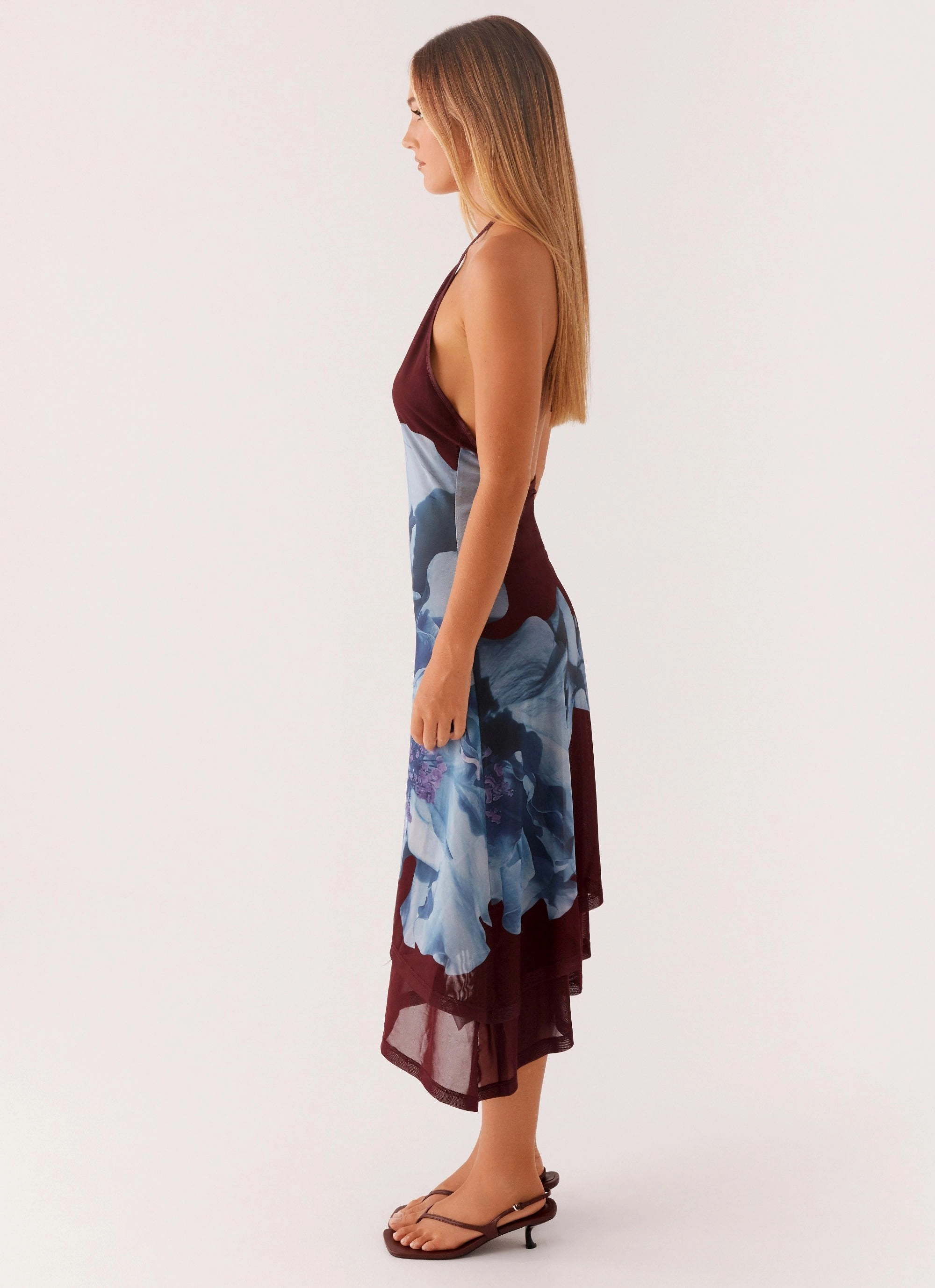 Breezy Style Brinley Halterneck Midi Dress - Maroon Print