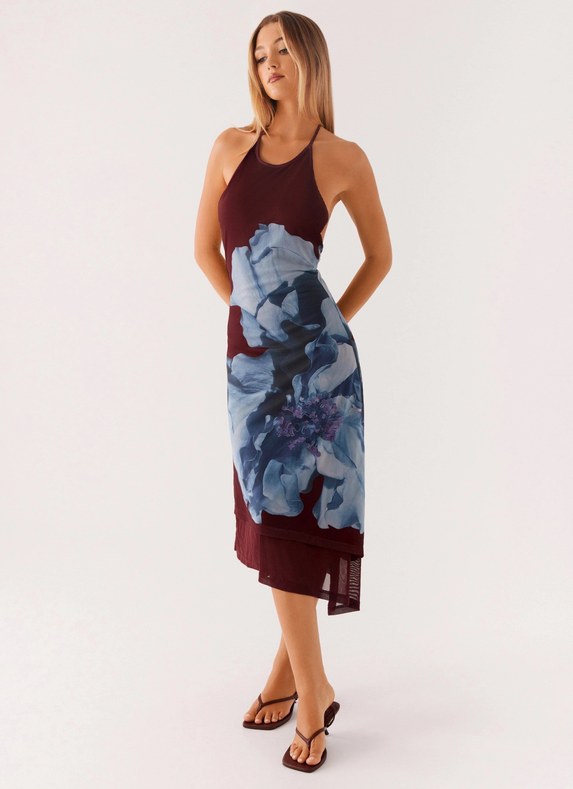 Body Flow City Essential Brinley Halterneck Midi Dress - Maroon Print