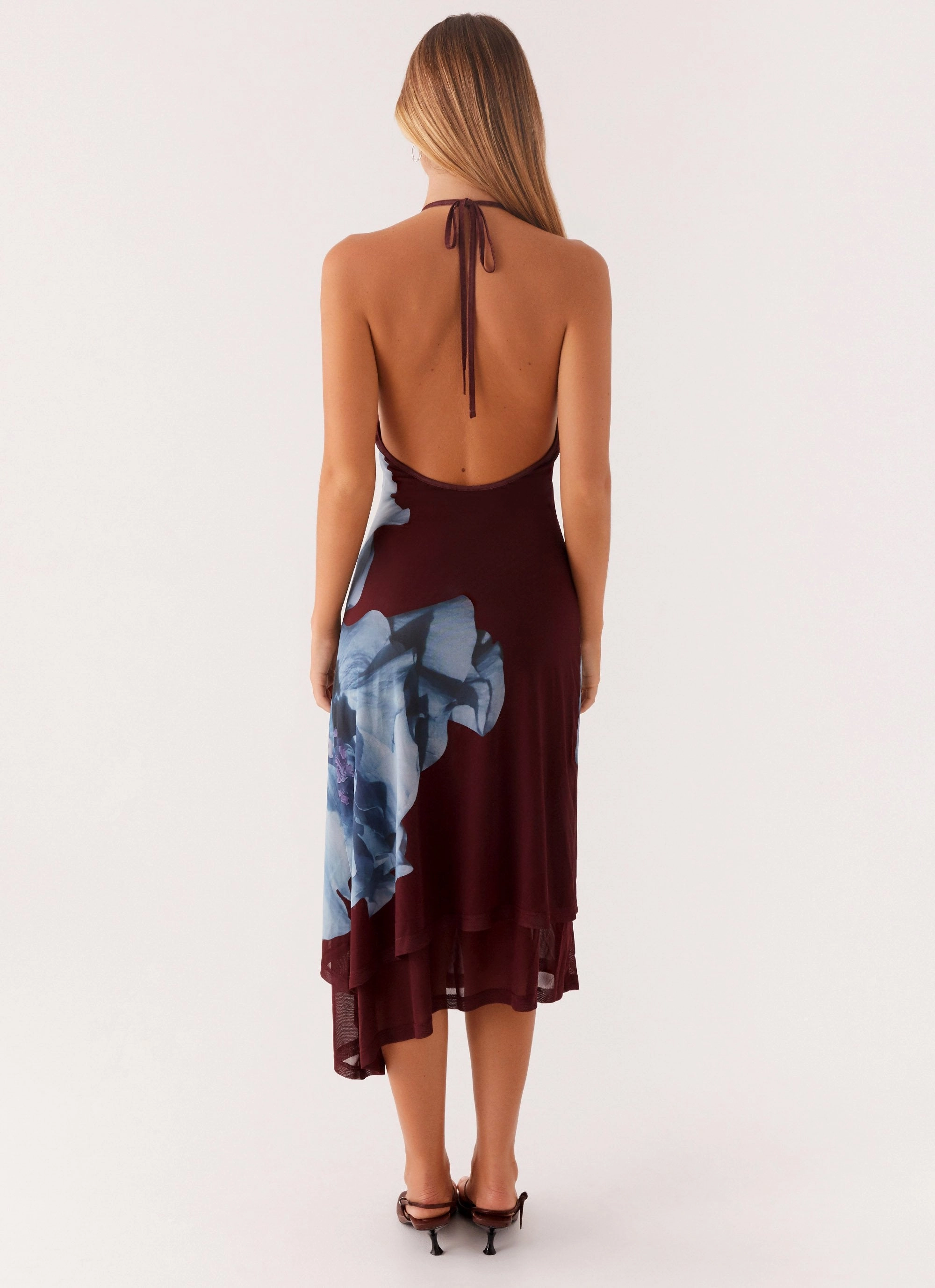Brinley Halterneck Midi Dress - Maroon Print Chilly Day Comfort