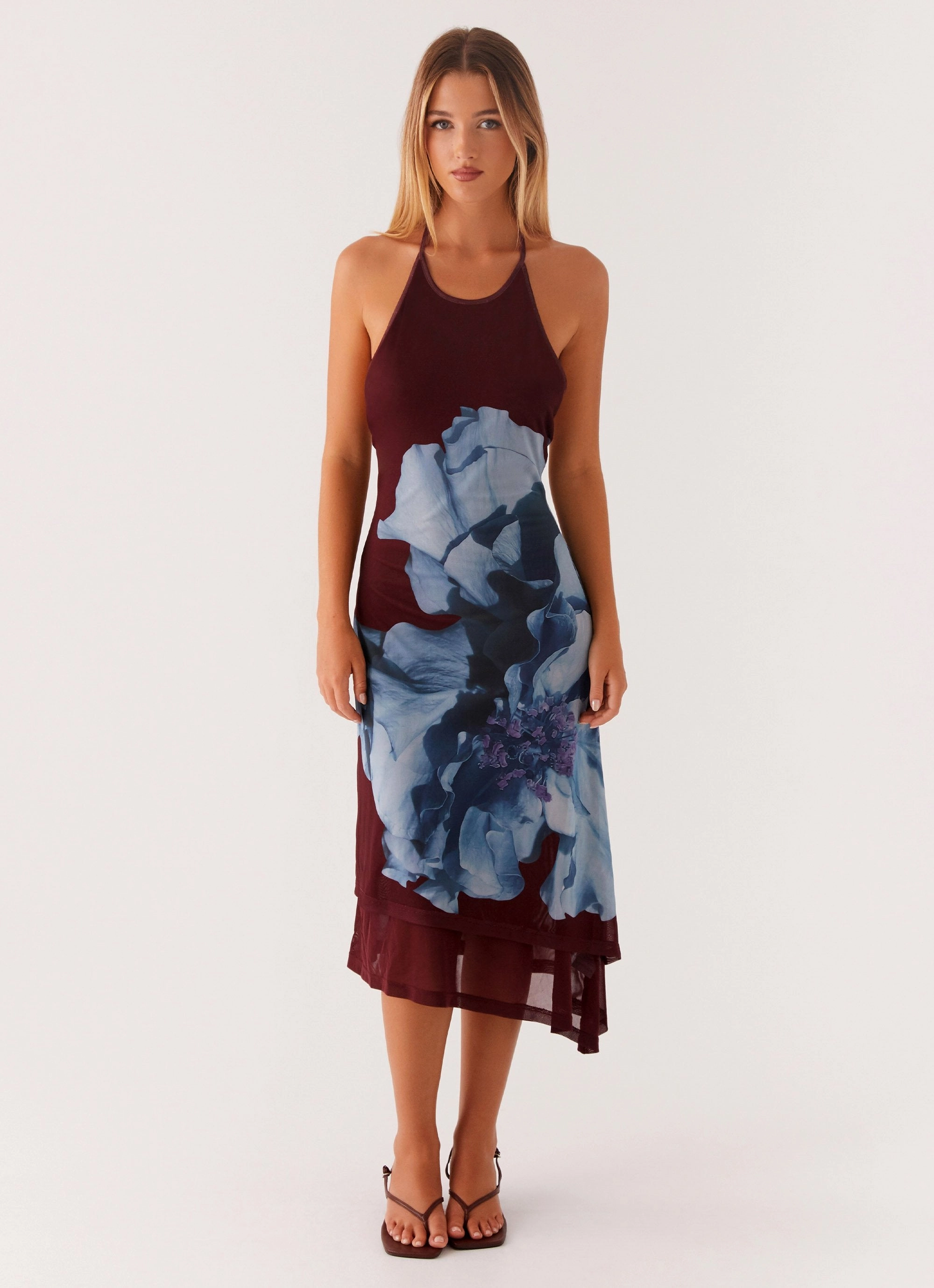 Soft Balance Brinley Halterneck Midi Dress - Maroon Print