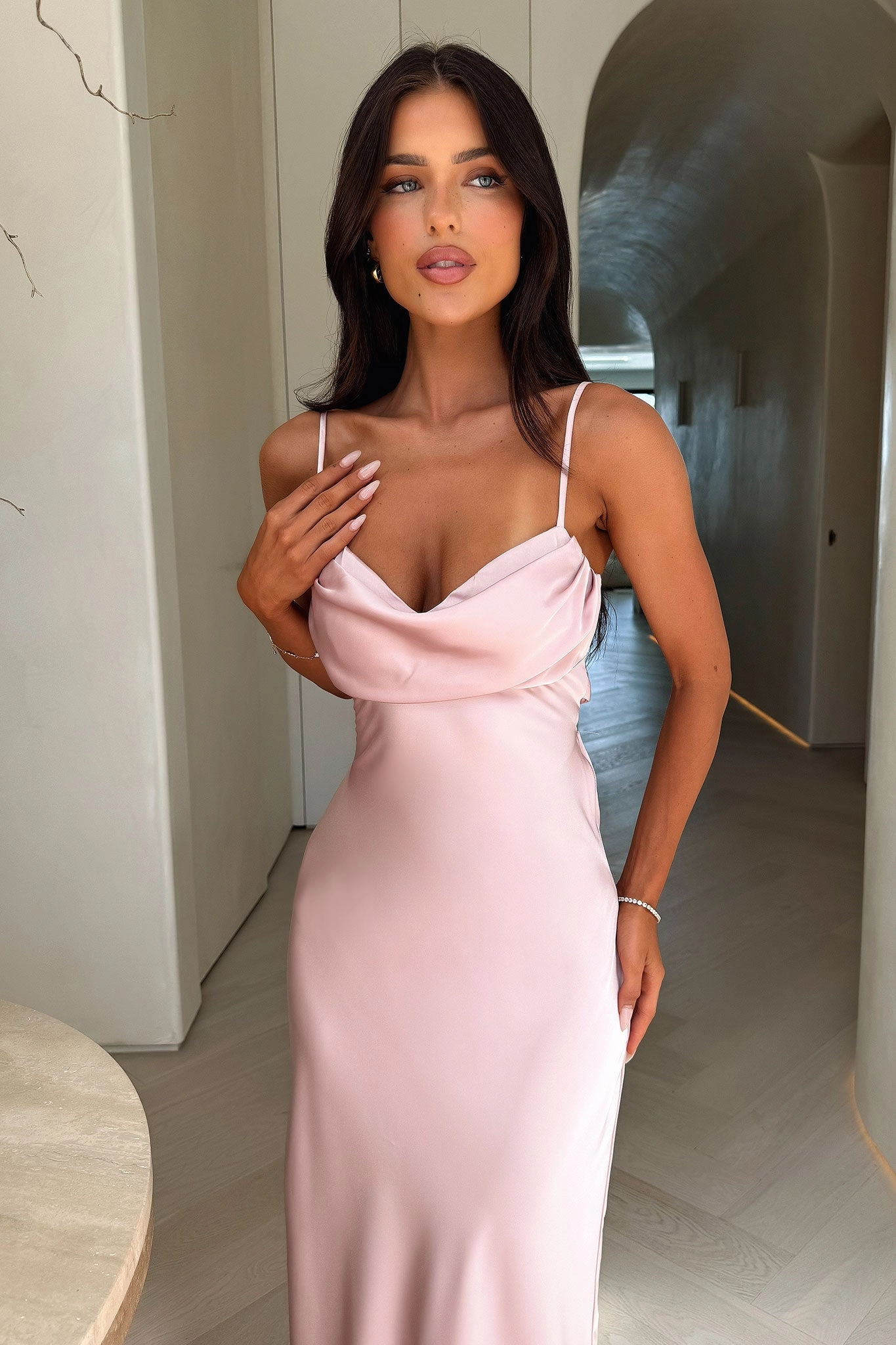 Feminine Tailoring BiasCutSilhouette Novella Maxi Dress - Pink