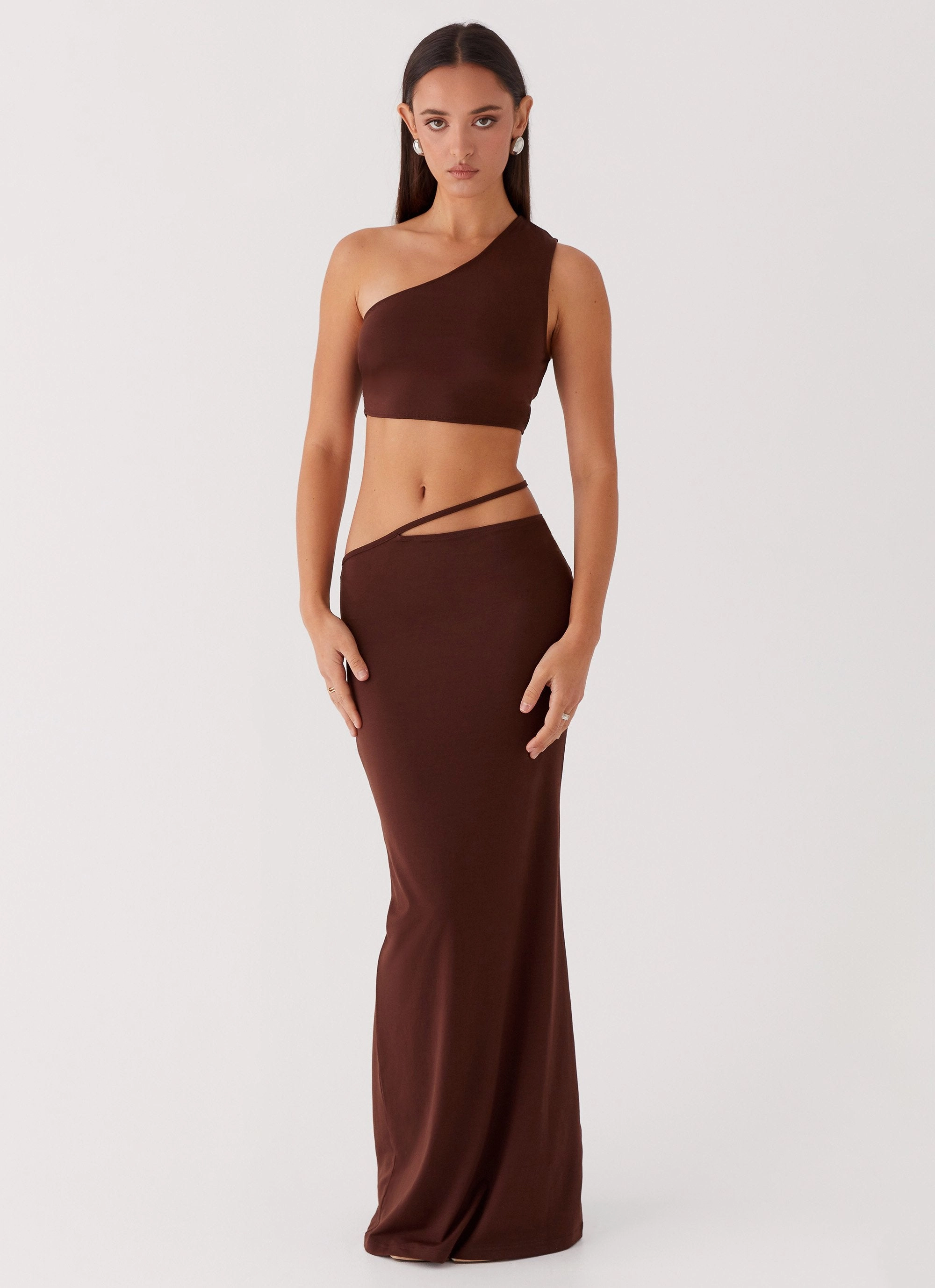 Like You Do Low Rise Maxi Skirt - Chocolate Breezy Look Twist Front