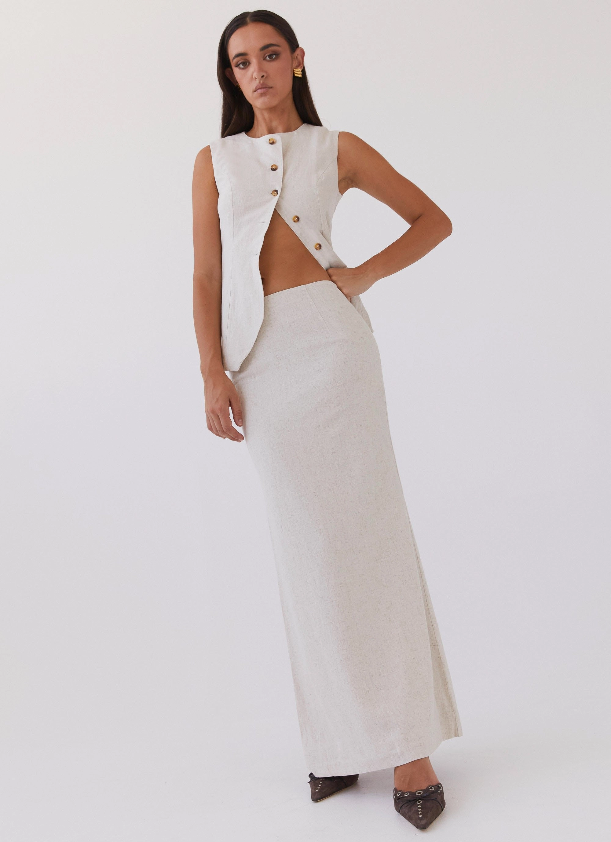 Born For Bordeaux Linen Midi Skirt - Oatmeal Multi Purpose Fabric