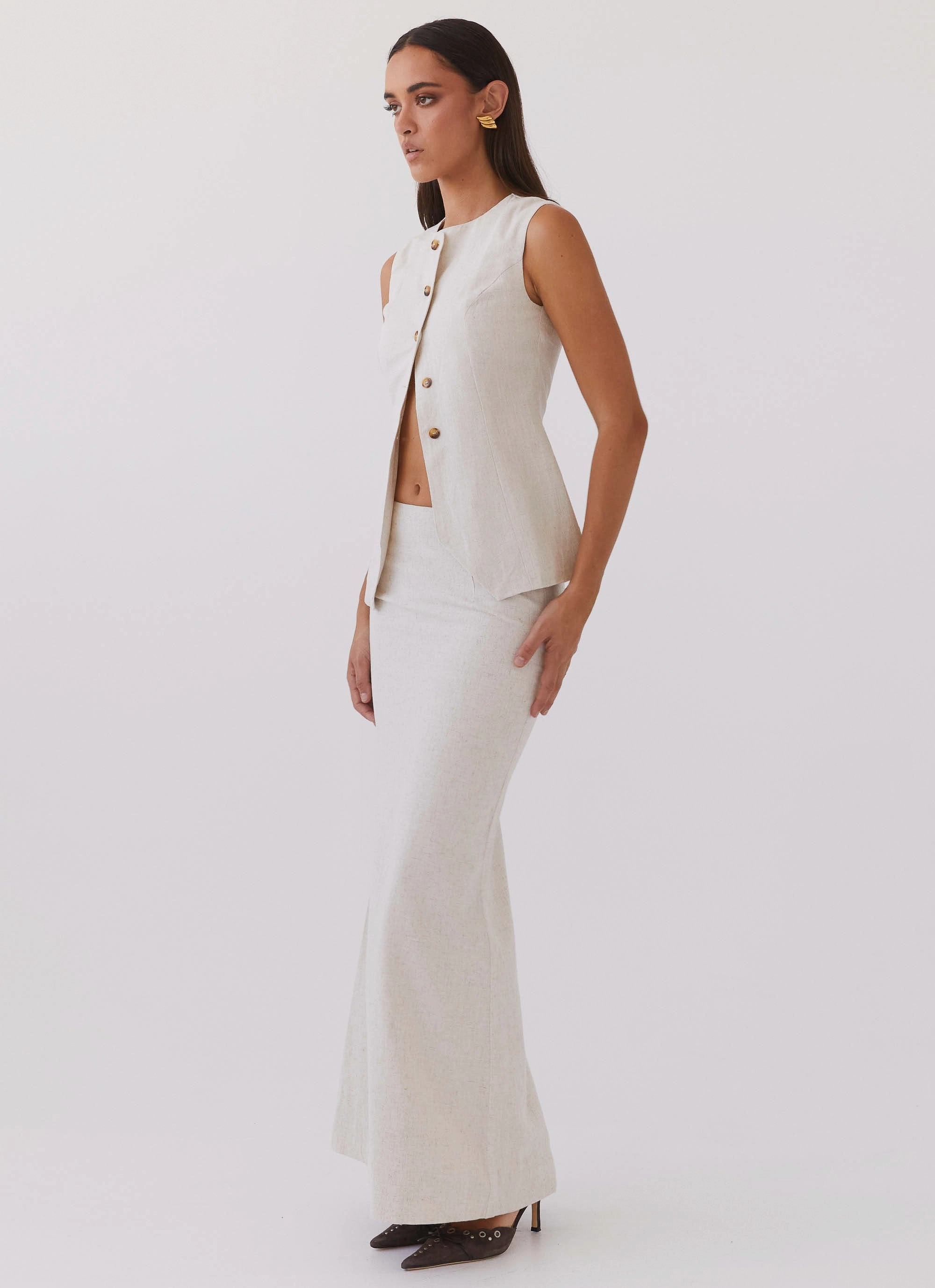 Polished Look Elasticized Cuff Born For Bordeaux Linen Midi Skirt - Oatmeal