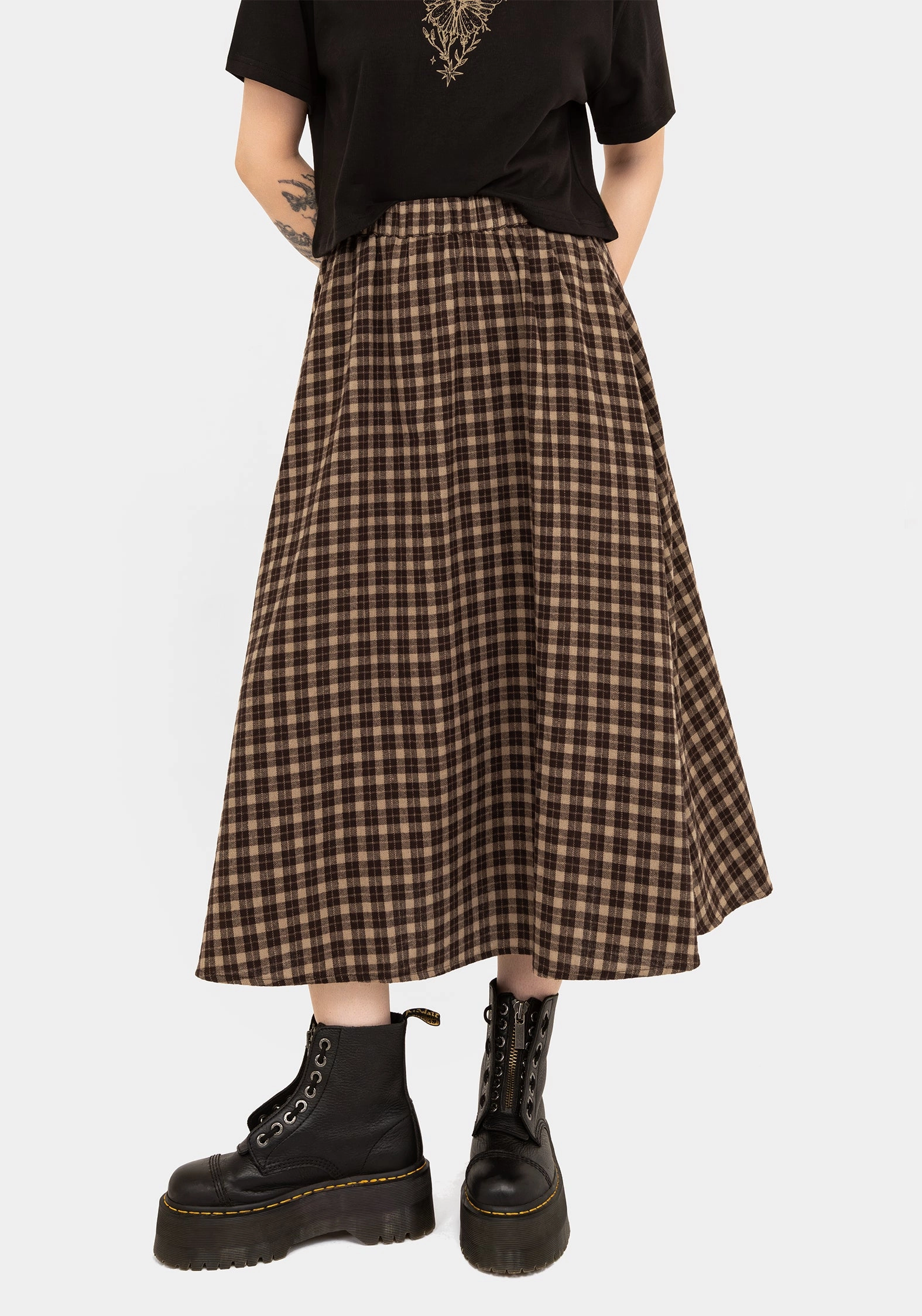 Terra Cotton Check Midi Skirt - Brown Layered Look