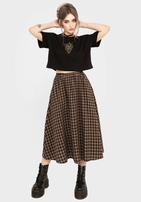 Style Essential Terra Cotton Check Midi Skirt - Brown