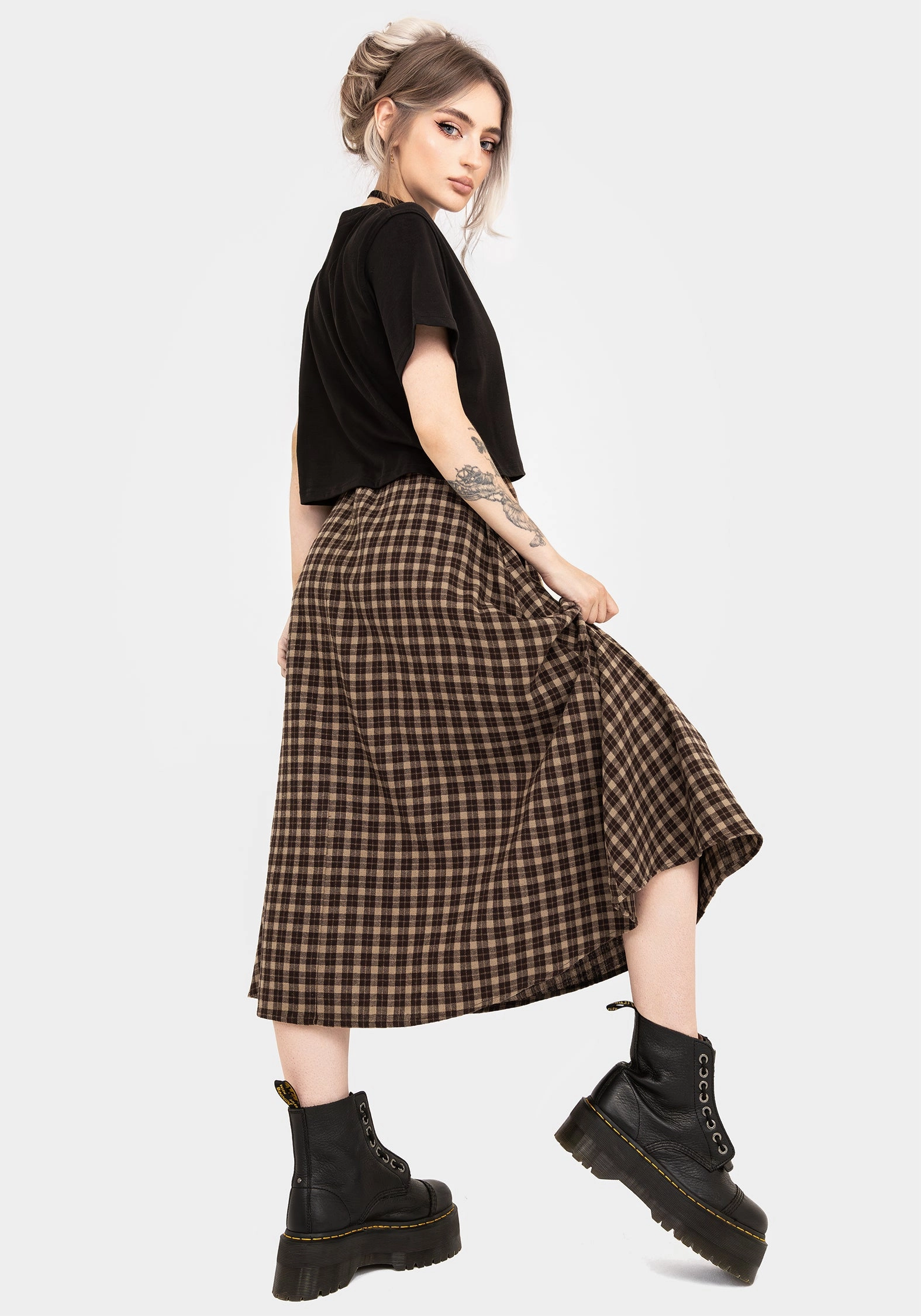 Terra Cotton Check Midi Skirt - Brown Outfit Mood