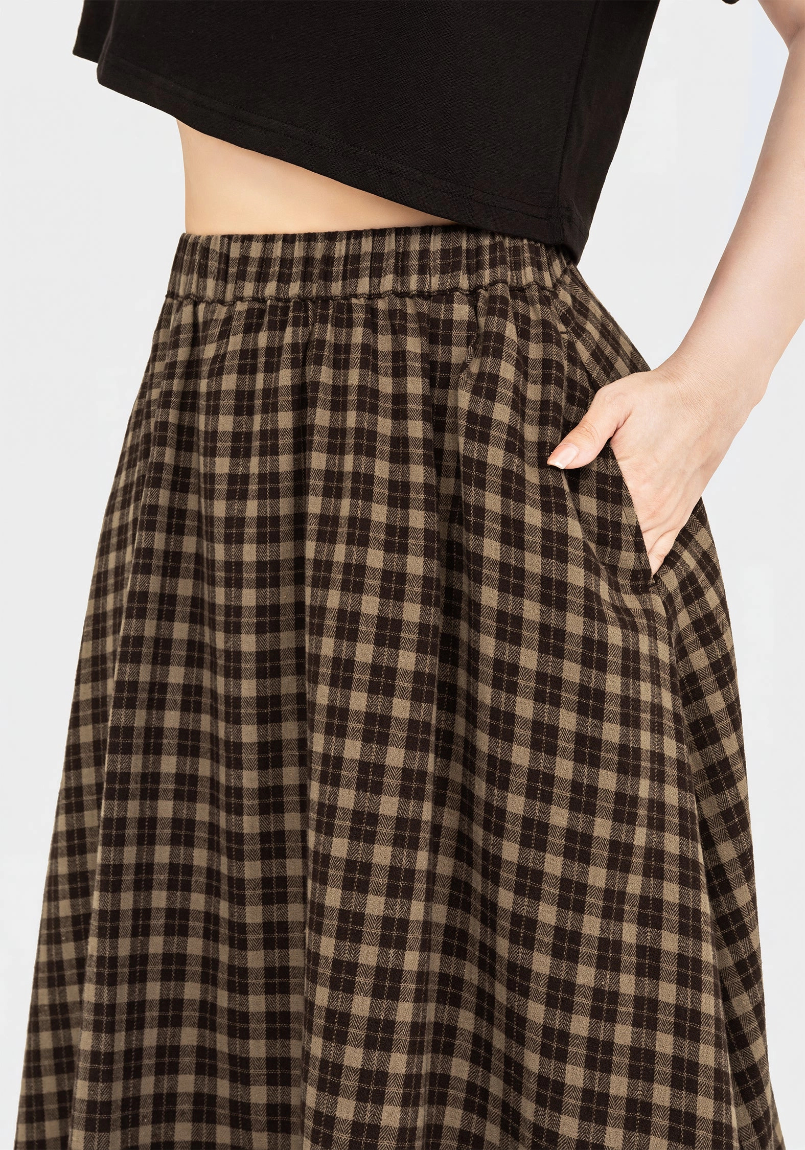Terra Cotton Check Midi Skirt - Brown Fresh Texture Twist Front