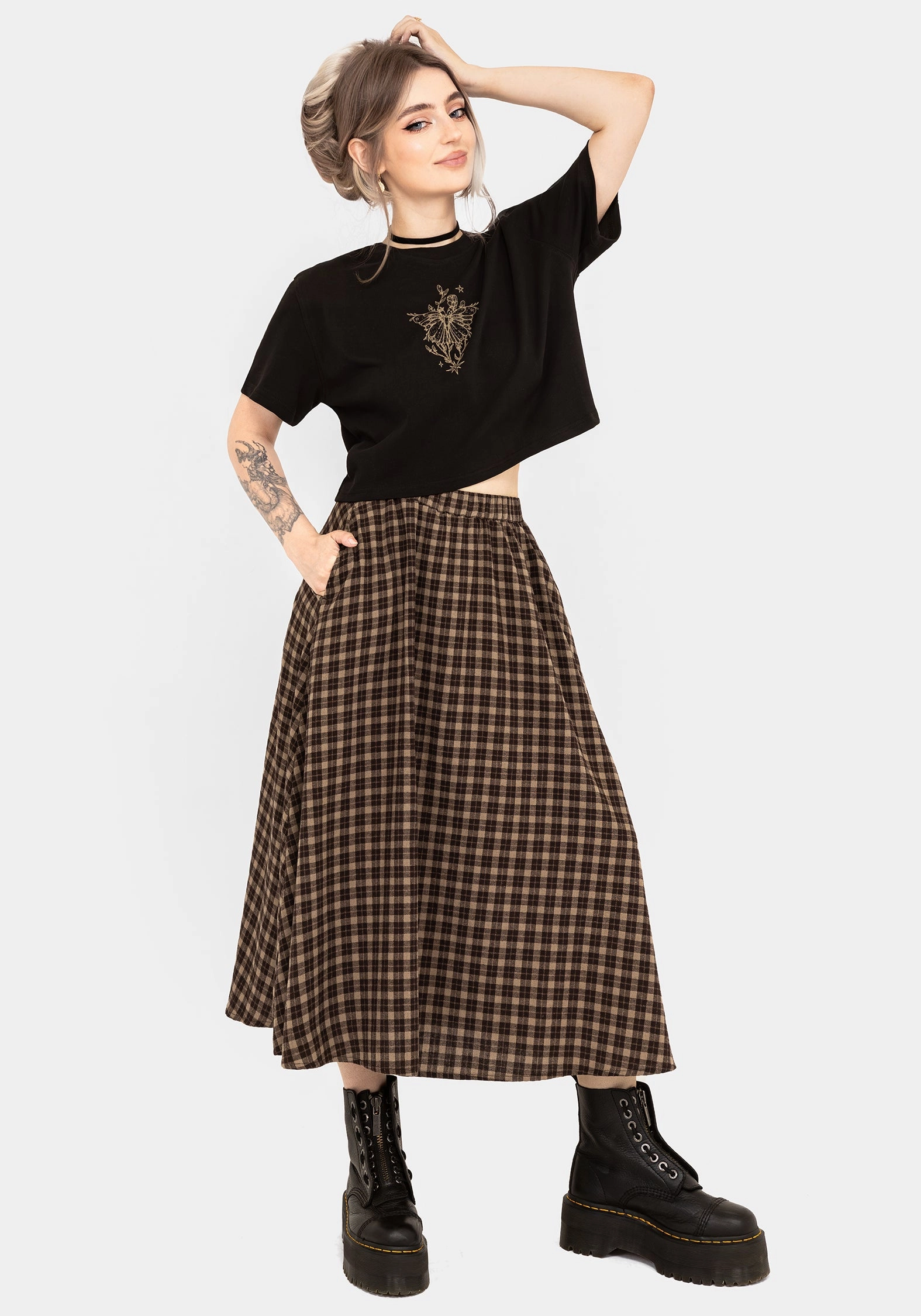 Terra Cotton Check Midi Skirt - Brown Edgy Look Road Trip
