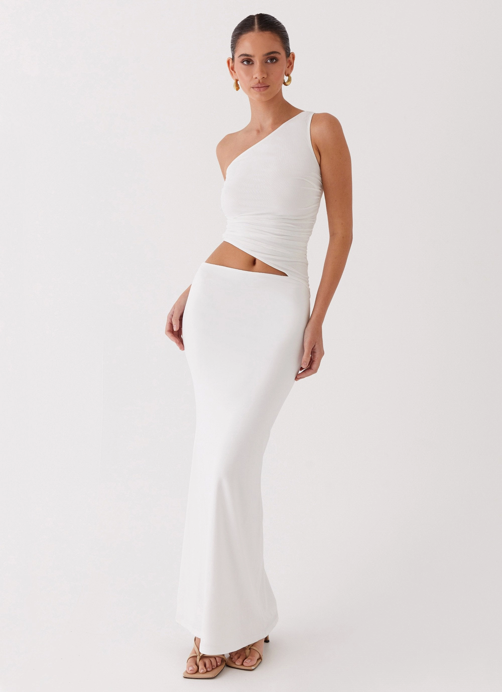 retro-style Soft and Chic Seranella One Shoulder Maxi Dress - White