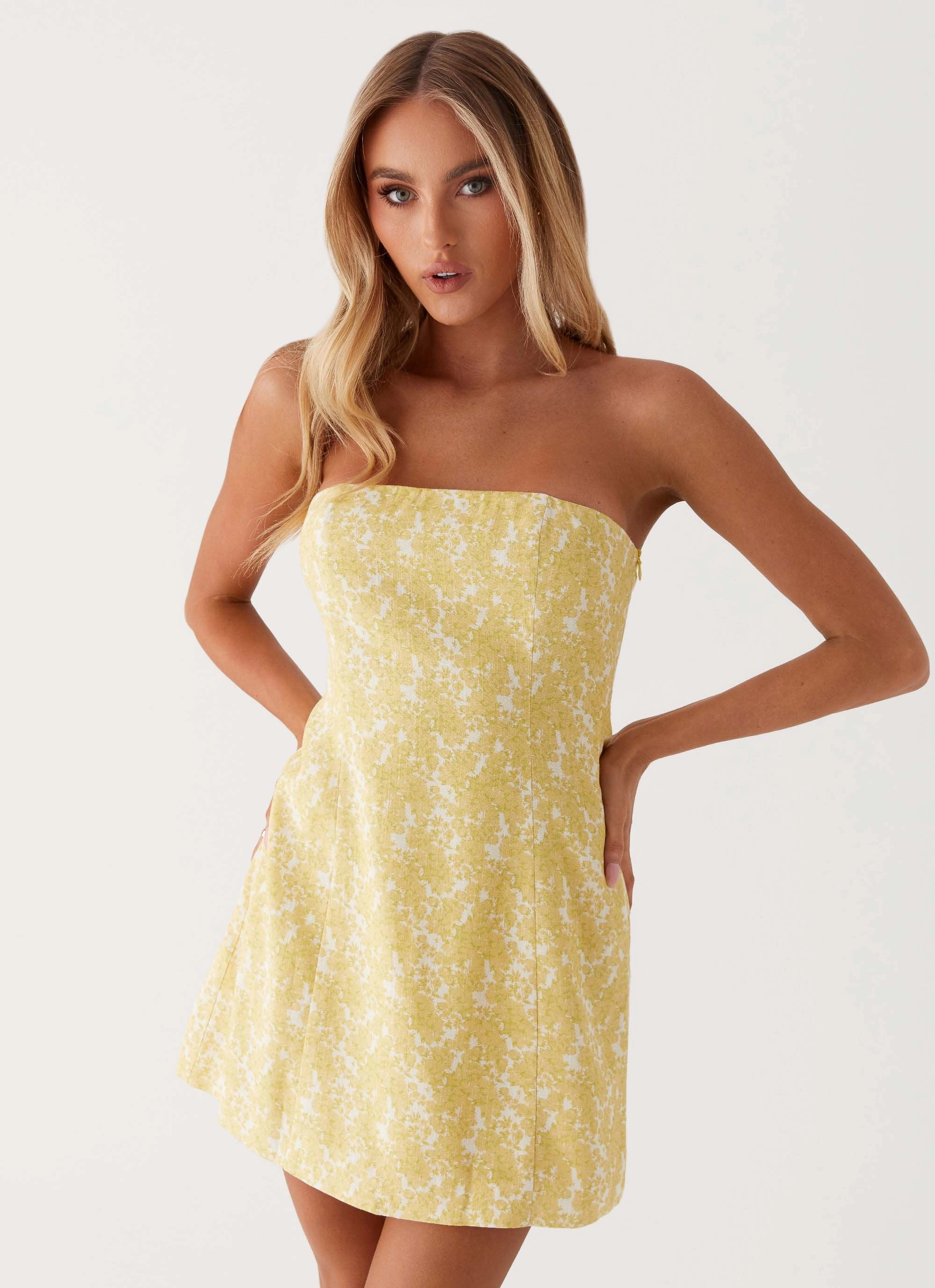 Light Coral Livvy Strapless Mini Dress - Yellow Floral