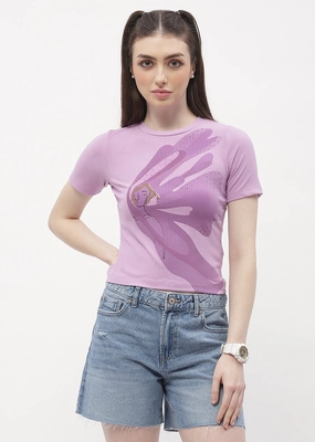 Madame Graphic Print Lilac Ribbed T-Shirt Trendy Fabric