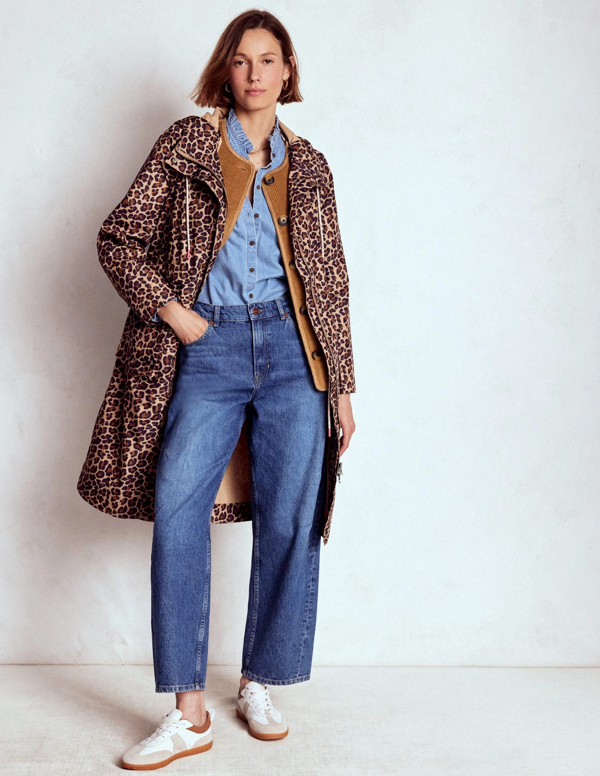 Convertible Collar Style Bonded Seam Technology Longline Rain Mac-Multi, Cheetah Pop