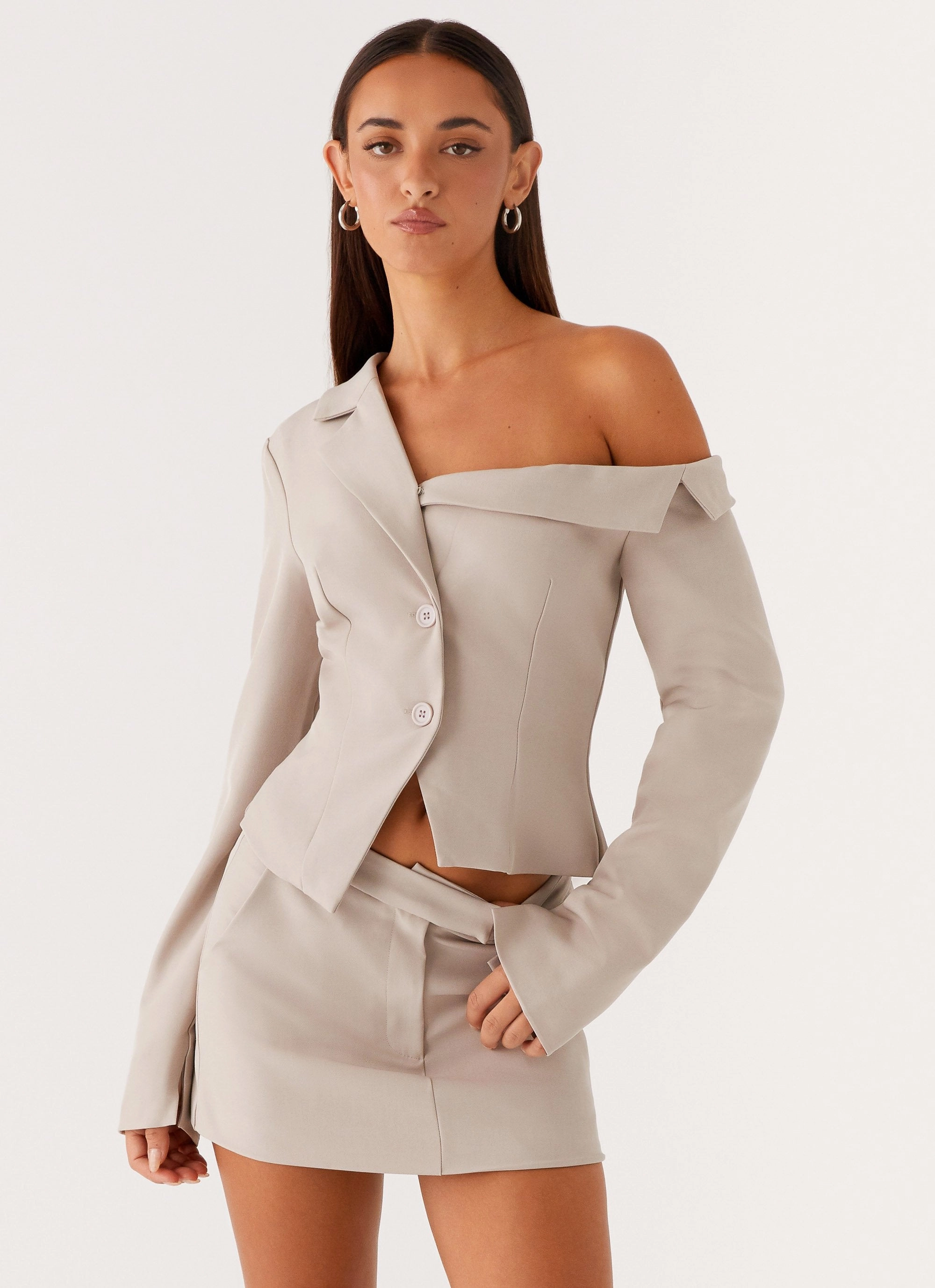 AllPurposeFastening Cold Climate Looking Good Off Shoulder Blazer - Pebble