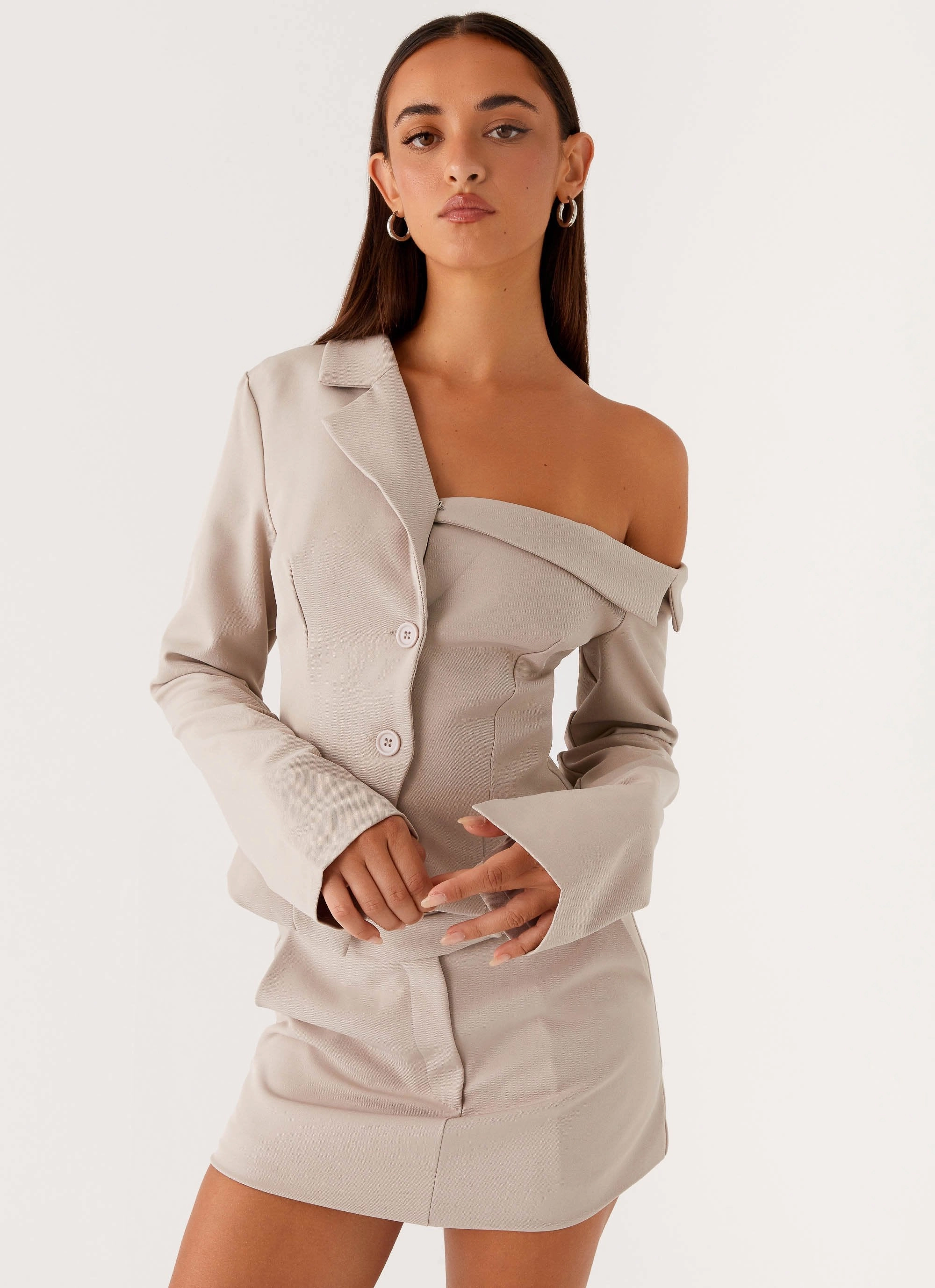 Seam Sealed Construction Looking Good Off Shoulder Blazer - Pebble