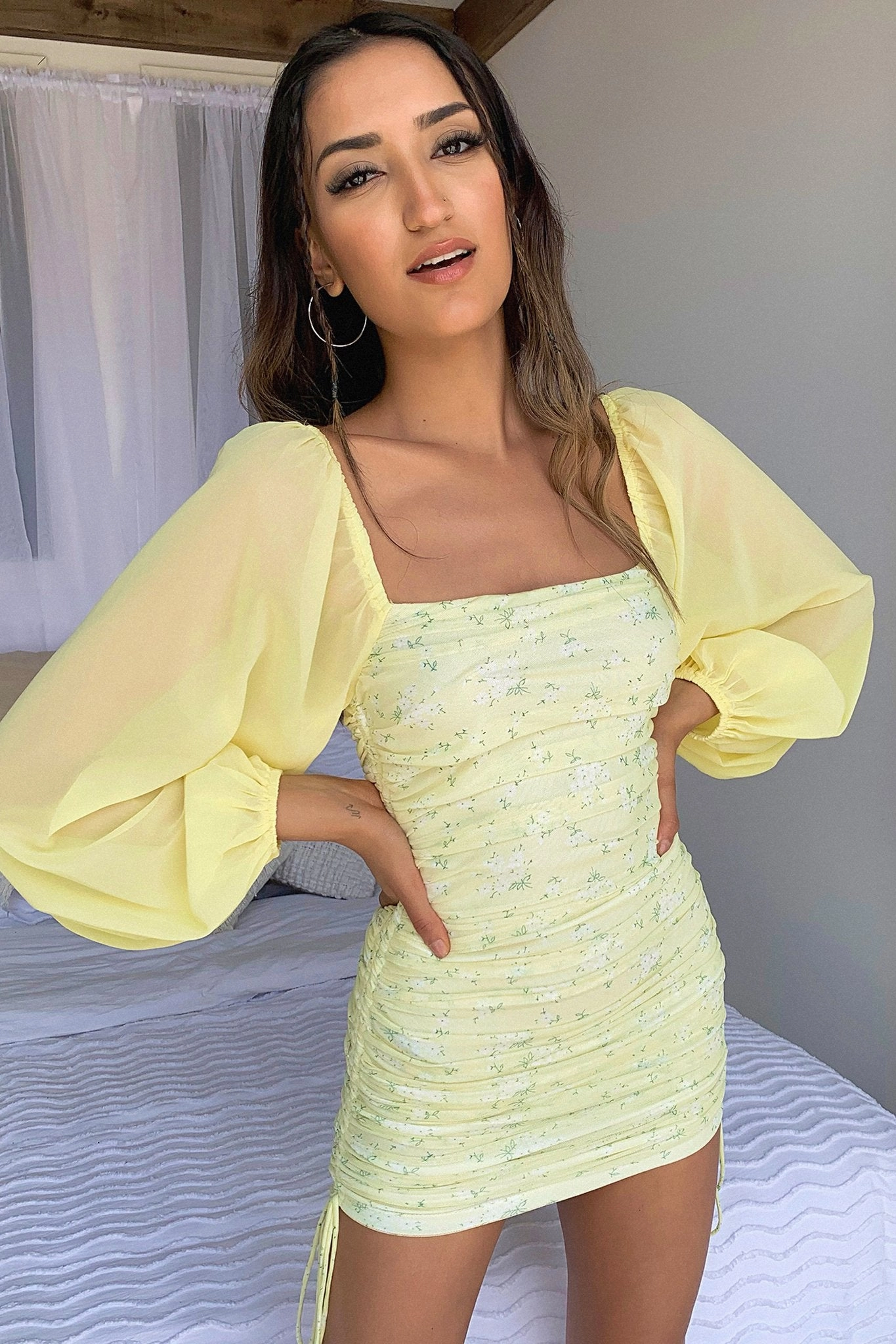 Lorde Dress - Yellow Floral Drapey Fabric Water-Repellent-Finish
