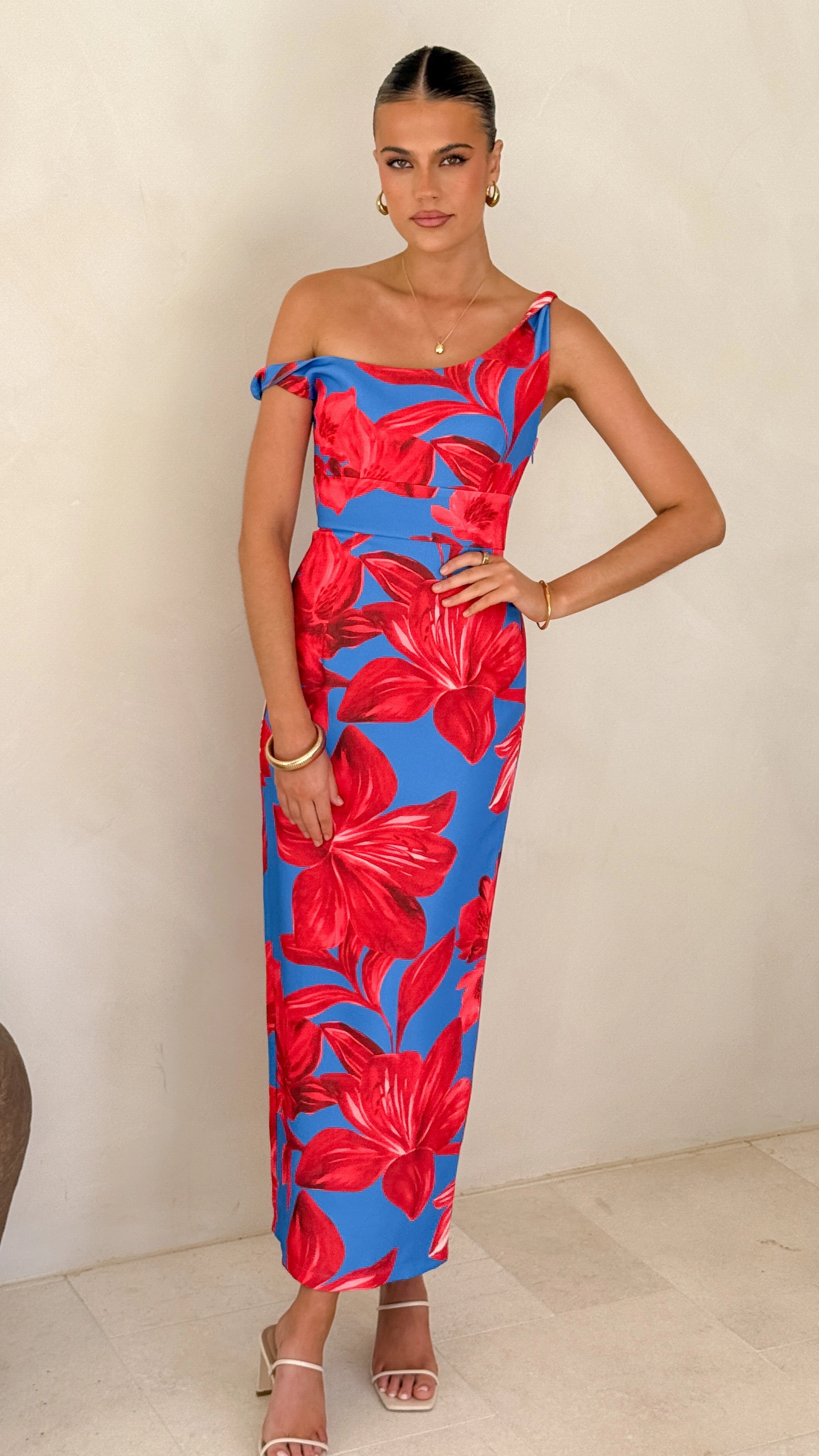 Lorina Maxi Dress - Red/Blue Floral Bold colors Evening Look