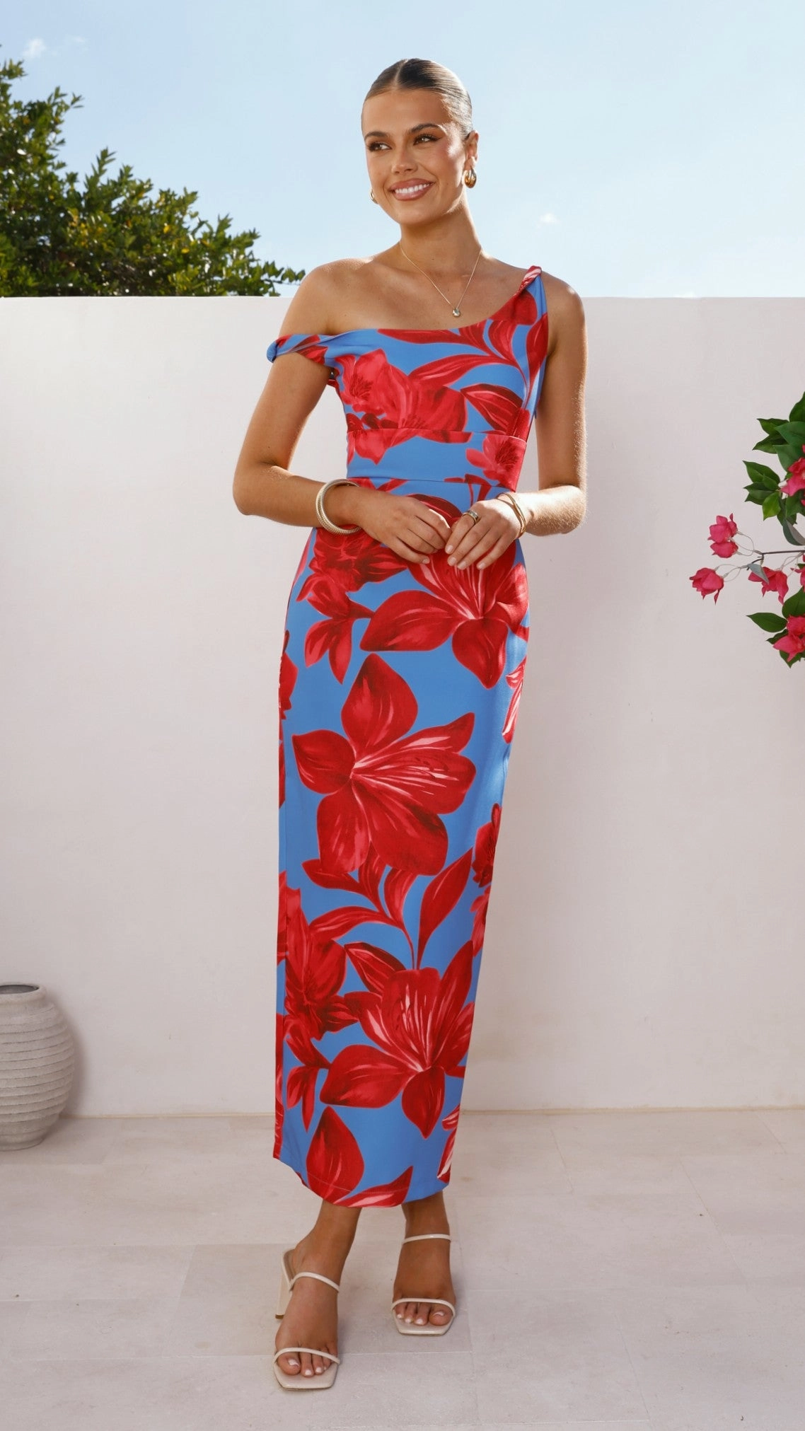 Lace Accent Lorina Maxi Dress - Red/Blue Floral