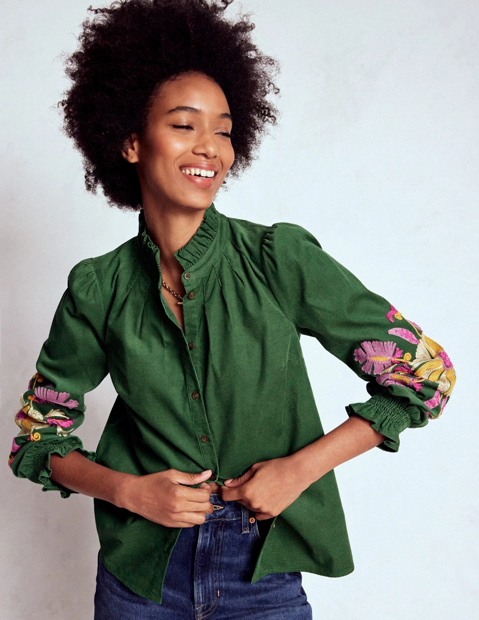 Lorna Cord Top-Hunter Green Embroidered Multi Directional Zipper Placement