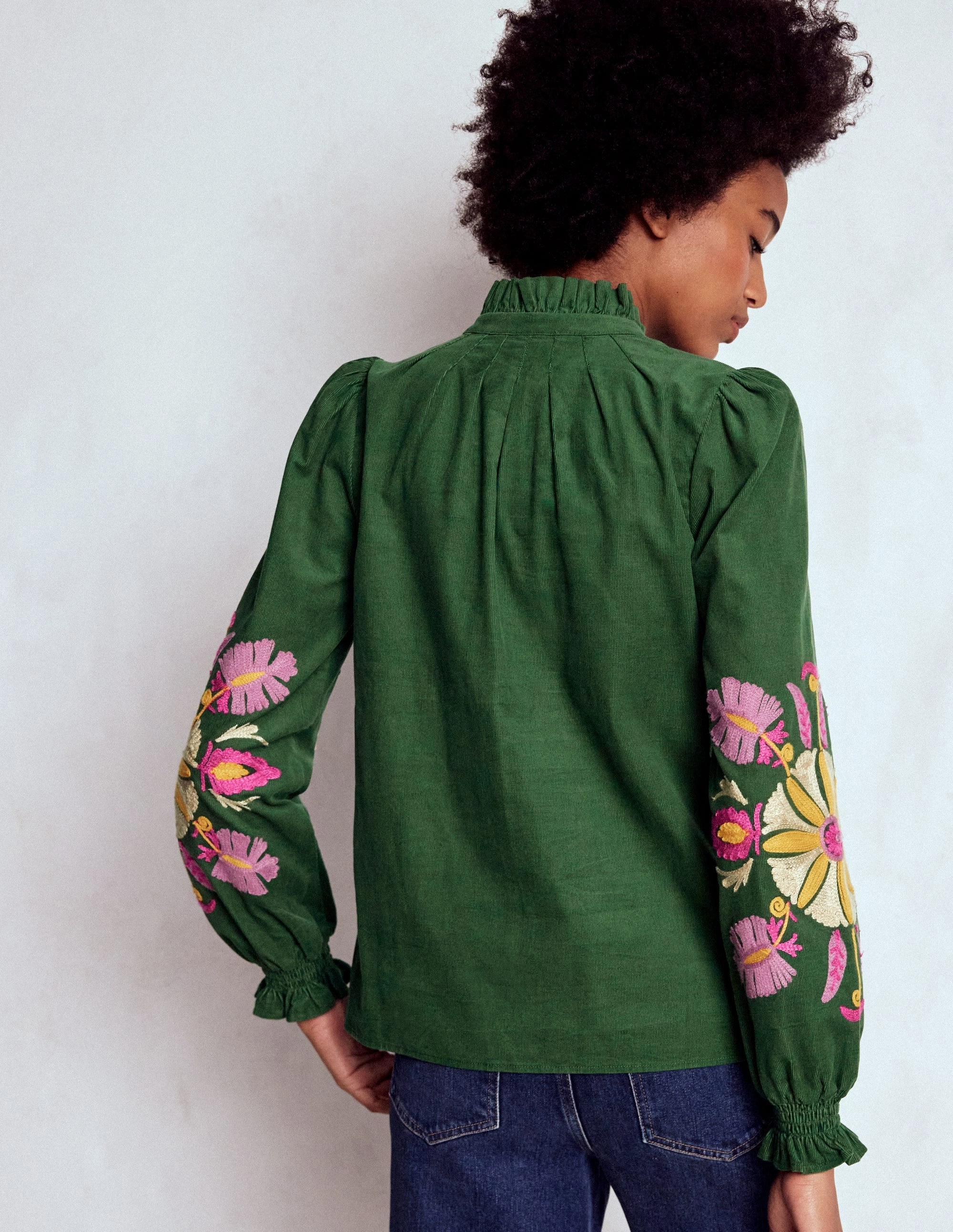 Easy Care Material Rolled Hem Finish Lorna Cord Top-Hunter Green Embroidered