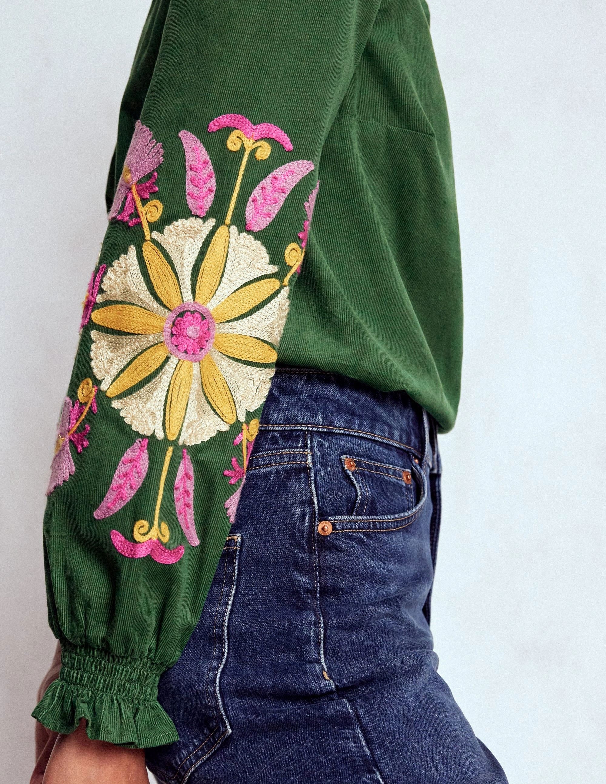 BondedSeams Soft Brushed Lining Lorna Cord Top-Hunter Green Embroidered