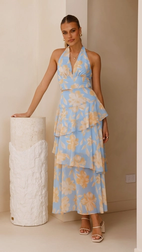 Feminine Style Love Glow Louka Layered Maxi Dress - Blue/Yellow Floral